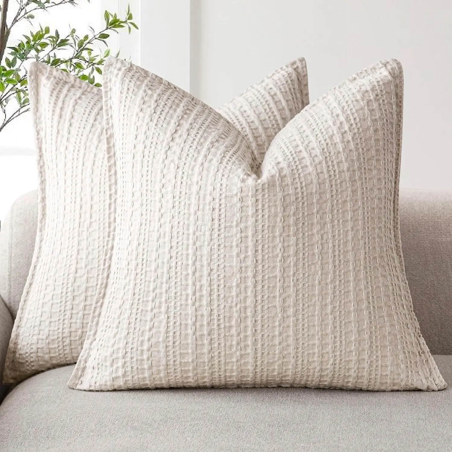 Set of 2 Decorative Cotton Waffle Weave Textured Throw Pillow Covers - Euro Sham Cushion Covers for Bed Couch Sofa Bedroom Living Room Home Decor, 18x18 Inch OatmealGift