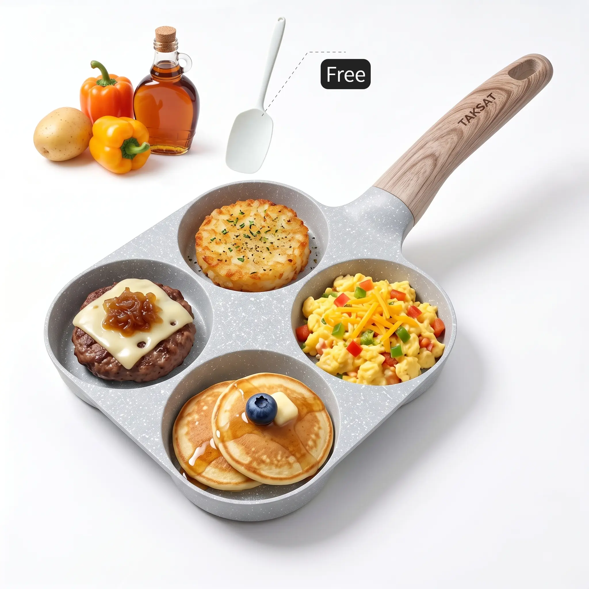 Multifunctional 4-in-1 Non-Stick Breakfast Pan, EggFryingPan, 4-Hole Non Stick Breakfast Pan |       Fast Heat Skillet for Eggs & Hamburgers, Easy Clean Wooden Handle, Pans & Woks KitchenGadgets, Effortless Family Breakfast Prep