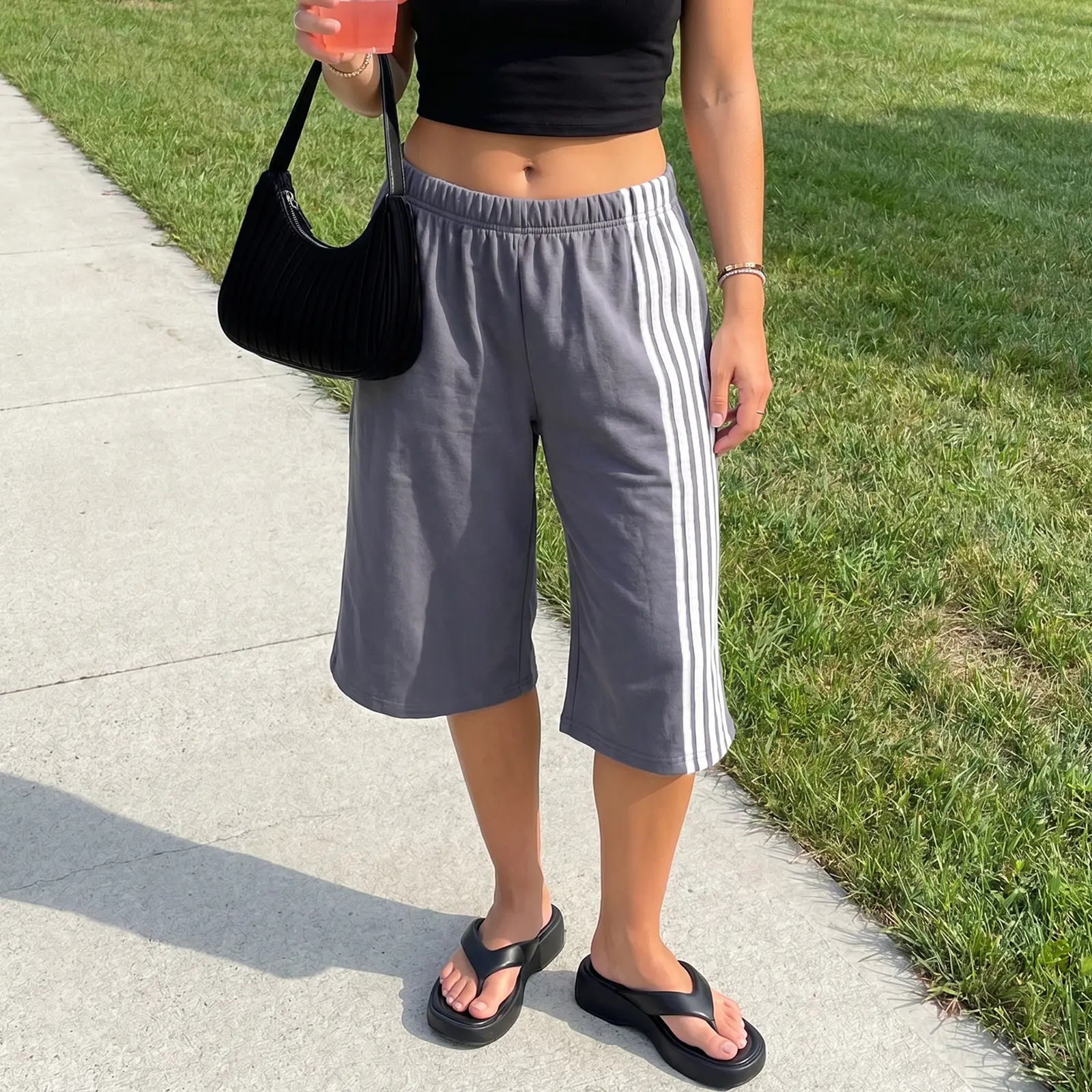Women's Casual Bermuda Shorts, Mid Rise Knee-Length Loose Fit Athletic Style with Side Stripe in a Cotton Blend, Athletic Wear, Knee Length Shorts