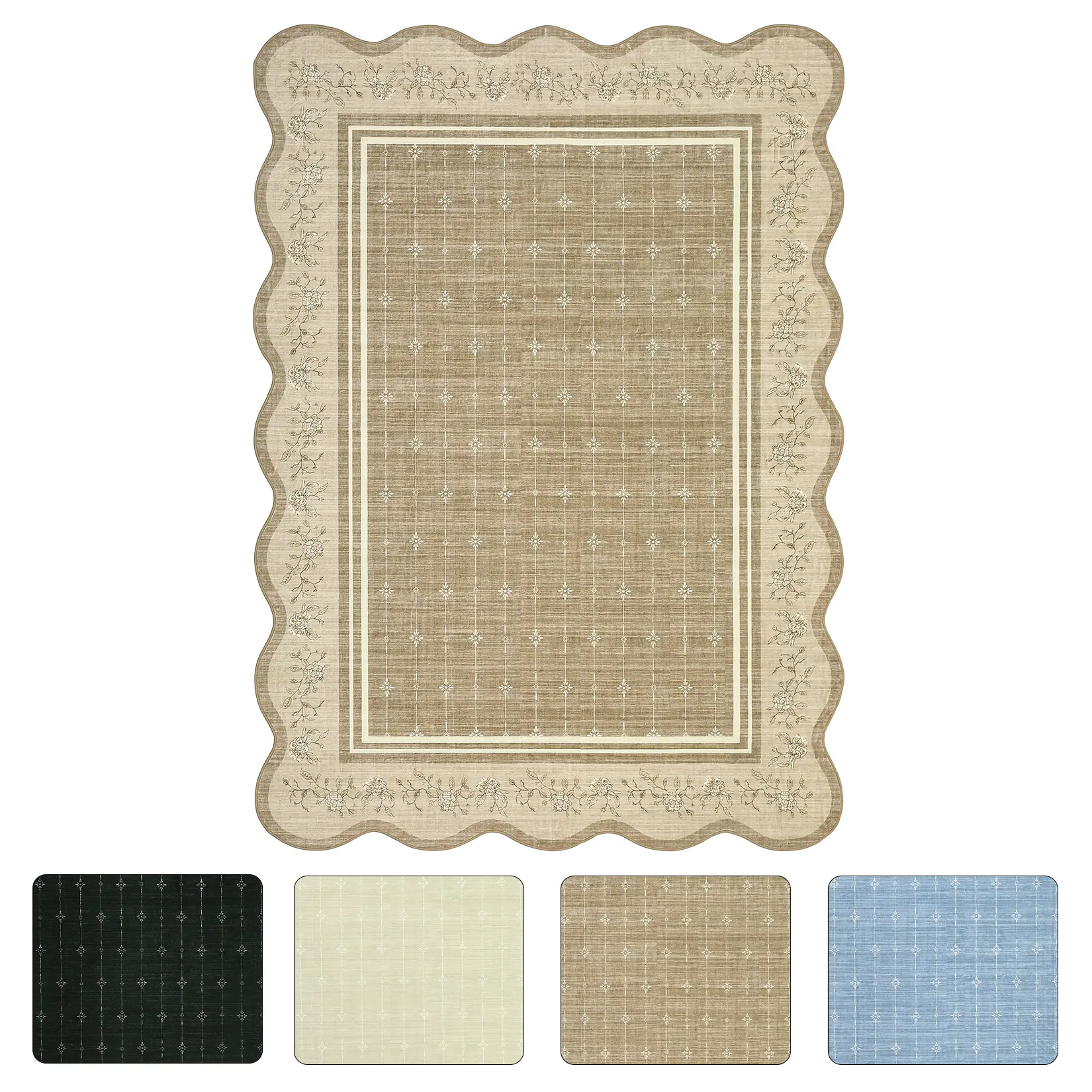 5x7 Washable Area Rug, Cloud Border Faux Wool Carpet, Foldable Soft Polyester Rug for Living Room Bedroom Apartment, Ivory Beige