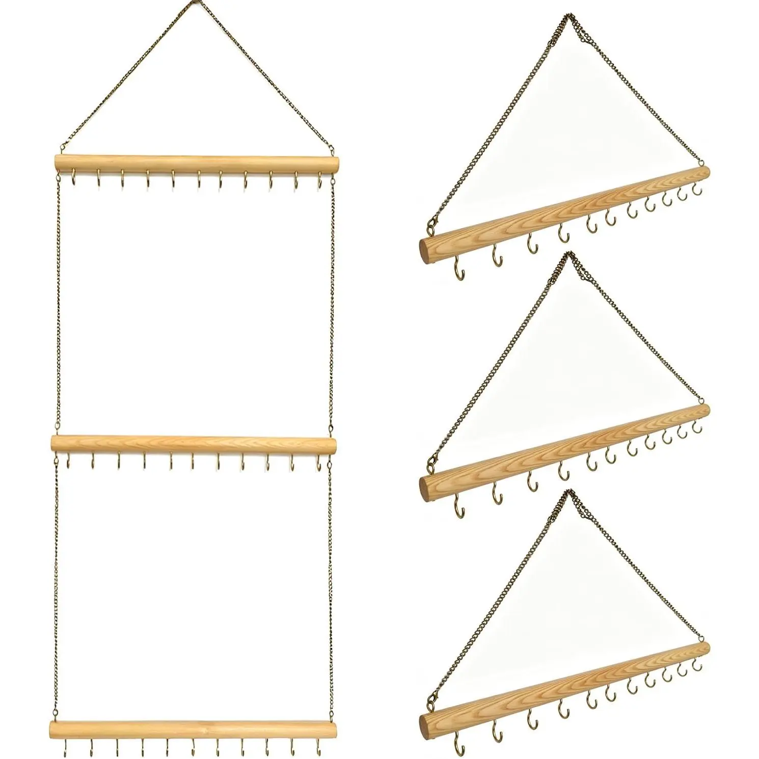 Hanging Jewelry Organizer with 36 Hooks - 15.7 Inch Hanging Wooden Display Rack for Necklaces, Bracelets, Earrings, Headbands - Space Saving Decor
