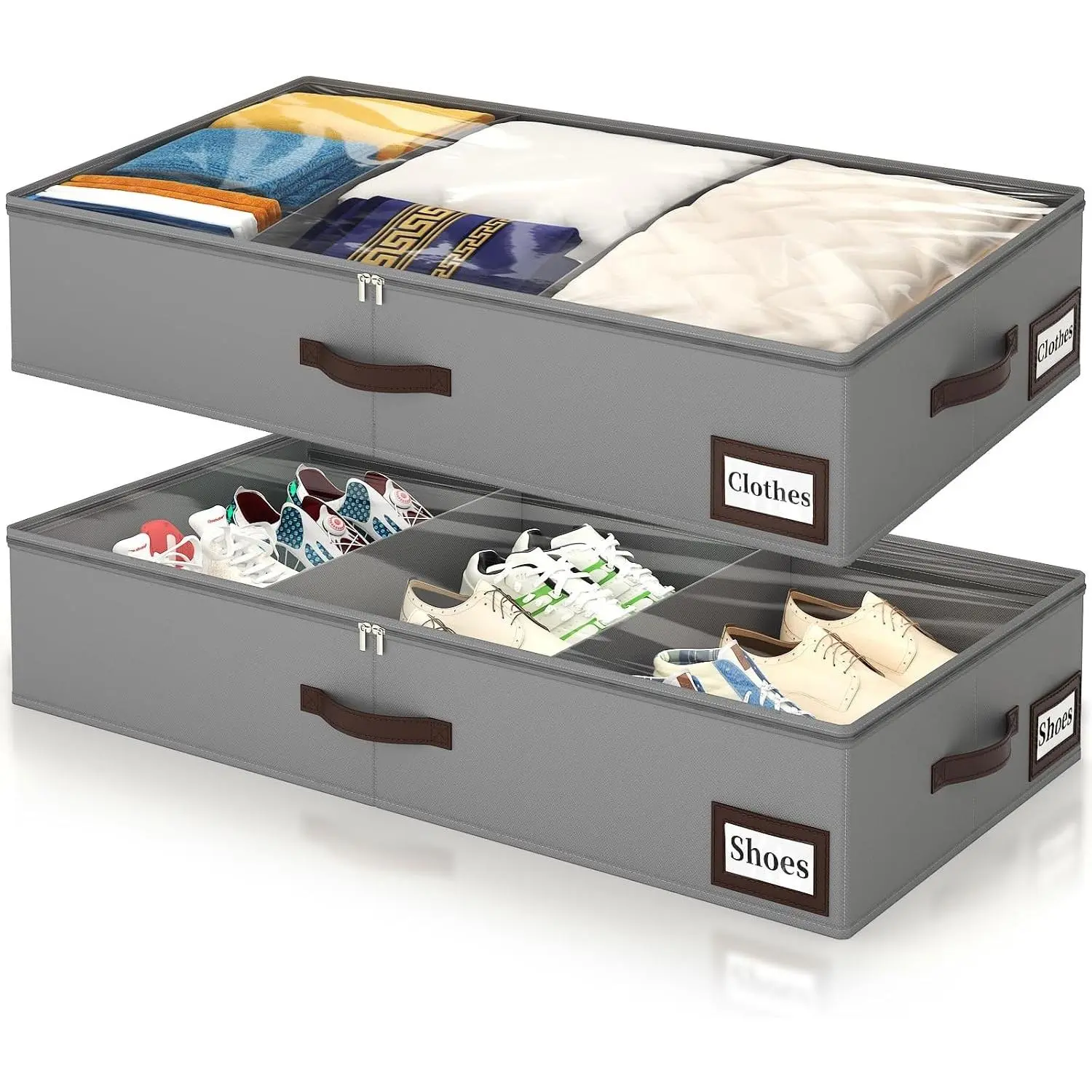2 Pack 53L Under Bed Storage with Adjustable Dividers, 6" Low Profile Underbed Storage Bins for Comforters & Clothes, Save Closet Space with Clear View Lid & Reinforced Handles, Grey