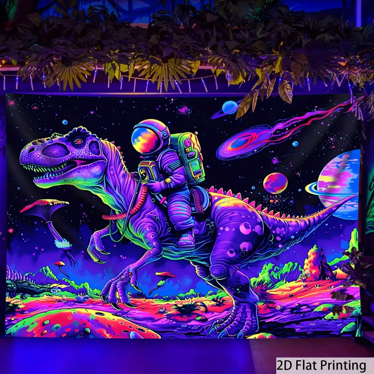 Luminous Astronaut-Riding Dinosaur Tapestry, Space-Themed Wall Decor with Planet & Animal Motifs, Large Dinosaur Art Tapestries for Bedroom Home Supplies, Animals, Space Theme