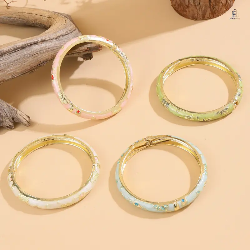 Adjustable Size Floral Print Oil Drip Art Round Bangle - New Retro Oriental Style Enamel Bracelet, Daily Use Fashion Wrist Jewelry for Holiday Matching, Round Bangles