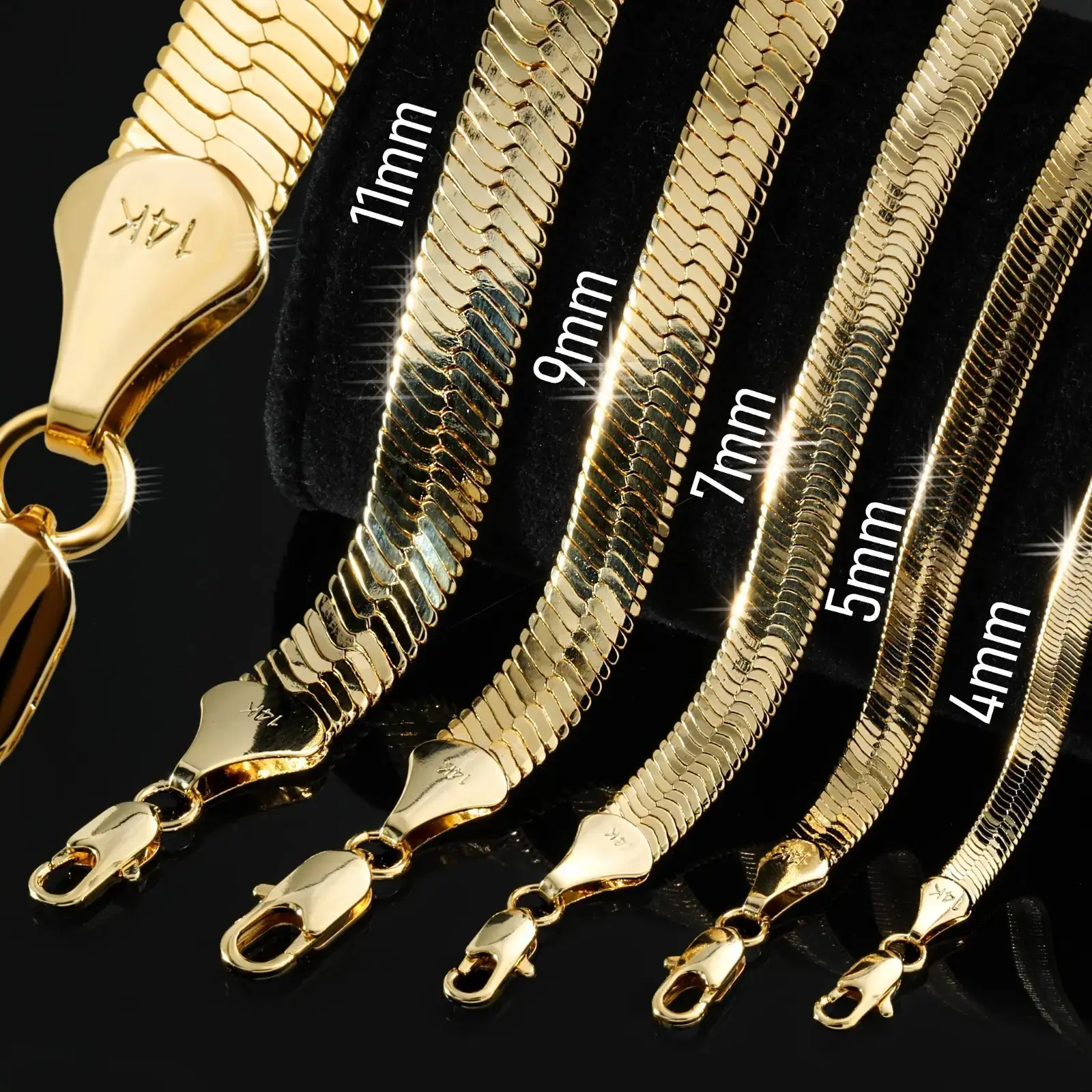 AAA+ Brass 14K Stamped Hip Hop Gold-Plated Herringbone Chain Necklace, 4mm-14mm Width, Multiple Lengths (8in, 18in, 20in, 24in, 30in), Unisex Fashion Bling Accessory