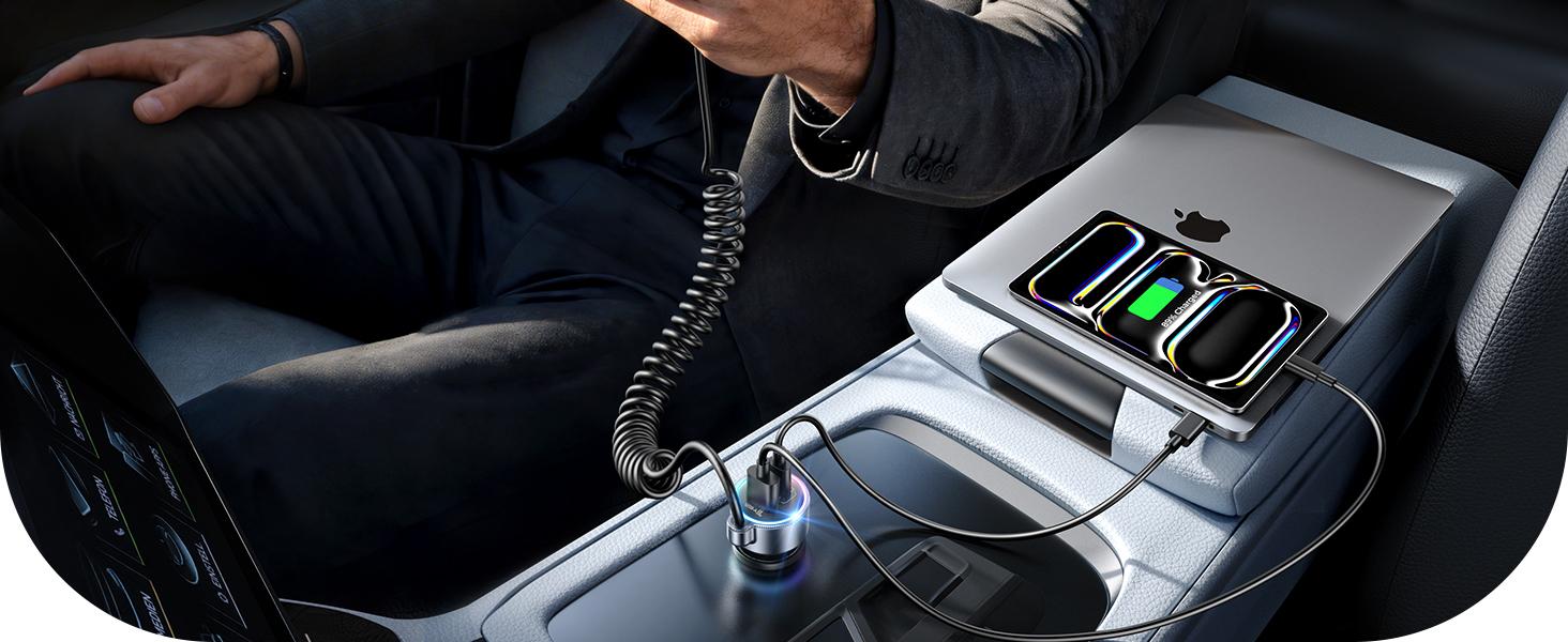 200W Car Charger USB C, PD100W Fast Charge w/100W Type C Fast Charging 5FT Coiled Cable, PD3.0/QC4.0/PPS Cigarette Lighter Phone Adapter for iPhone 17/16 ProMax, MacBook Pro/Air, Samsung S26/S25, iPad