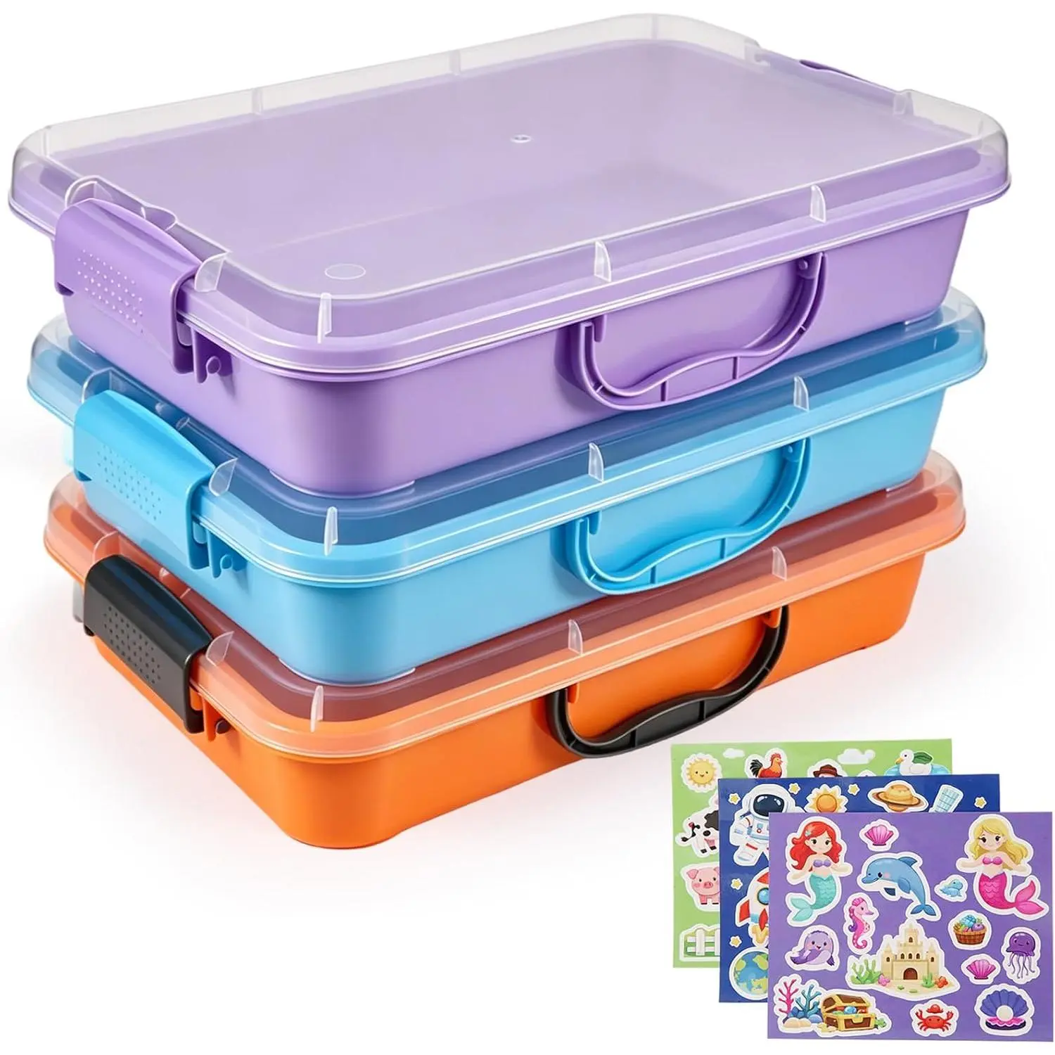 3 Pcs Sensory Bin Sand Tray with Lid & 3 Stickers, Stackable Storage Sensory Bin Containers with Lid, Portable Sandbox Organizers for Toys, Sand, Arts, Crafts (Purple, Blue, Orange)fidget toys