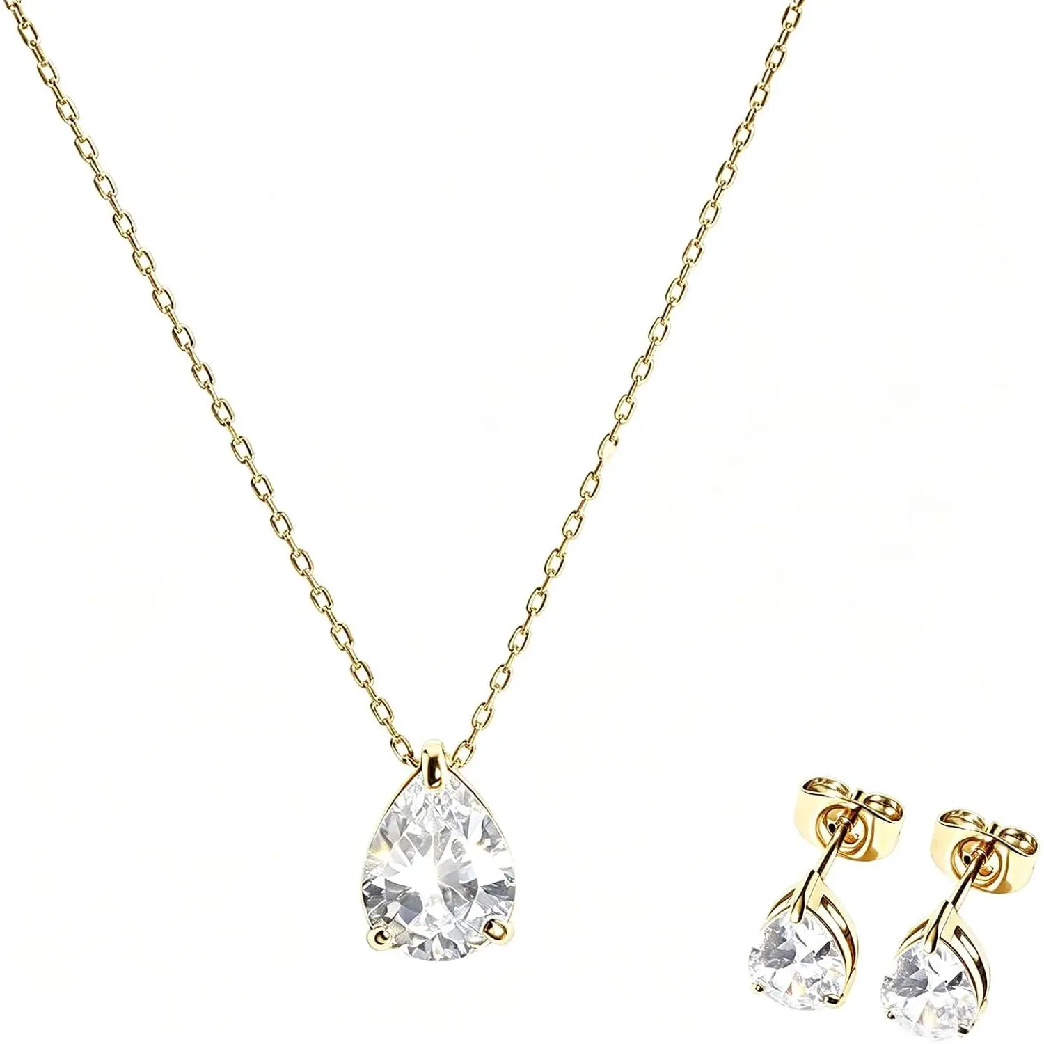 Dainty 5A Cubic Zirconia Necklace and Earrings Set, 316L Stainless Steel Teardrop Solitaire Jewelry Sets Gift for Women 14K Gold Plated