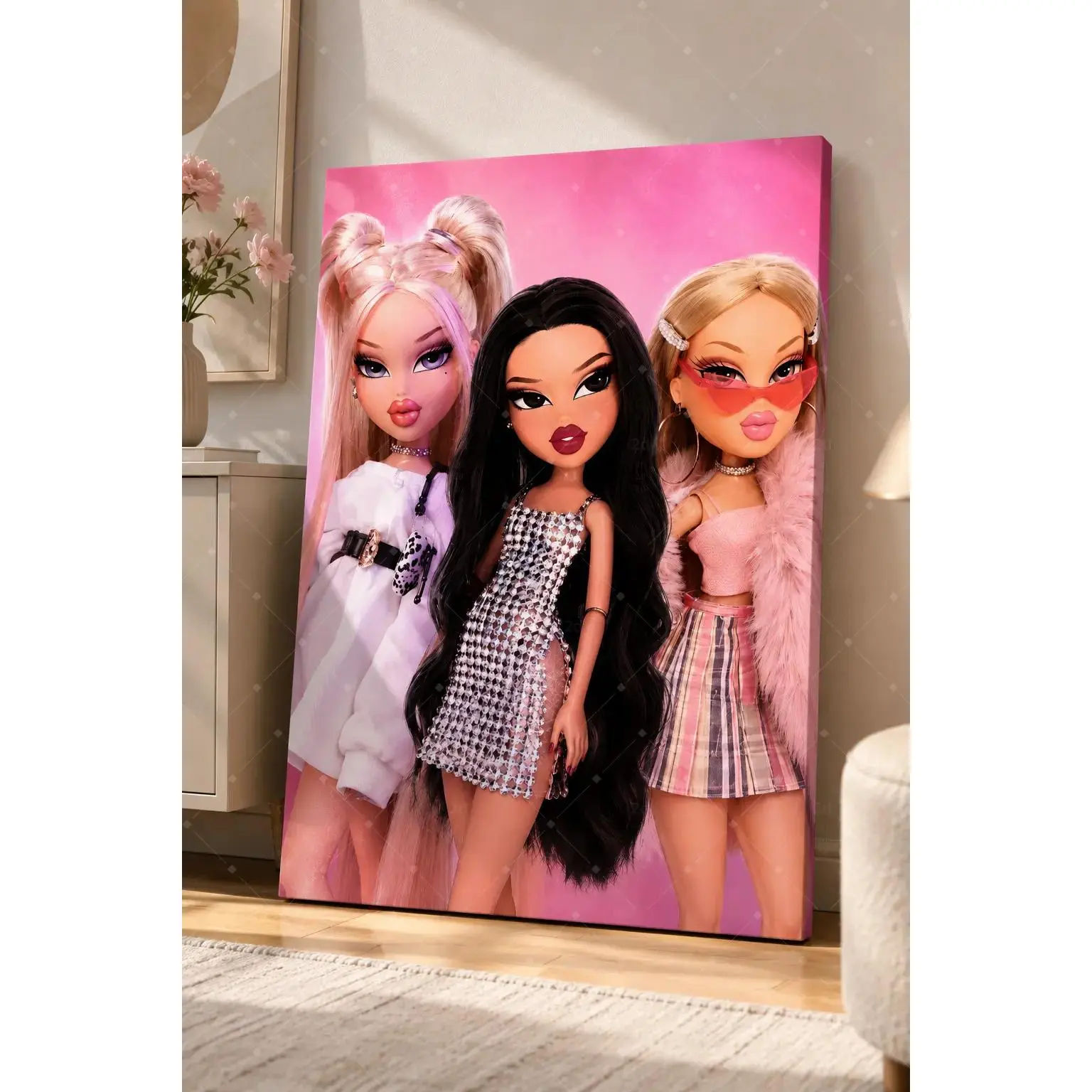 Cute Fashion Doll Trio Pink Background Y2K Style Canvas Wall Art, Girly Glam Trendy Character Painting For Bedroom Makeup Room Dorm Apartment Boutique Wall Decor, Available as Unframed Canvas Poster or Framed Canvas Wrap