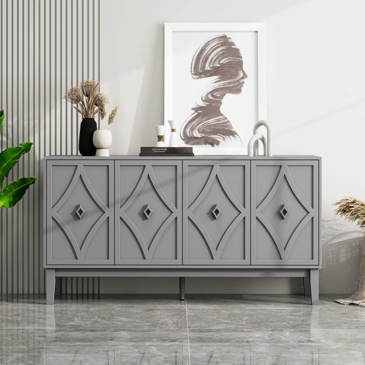 Black & Gray Vintage Sideboard Buffet Cabinet 59.06"L*15.75"W*31.50"H, Particle Board & High Density MDF Storage Cabinet, Hand-Carved Geometric Diamond Doors Adjustable Shelves, Elevated Black Legs Dust-Proof 4 Door Cabinet for Dining Room Living Room