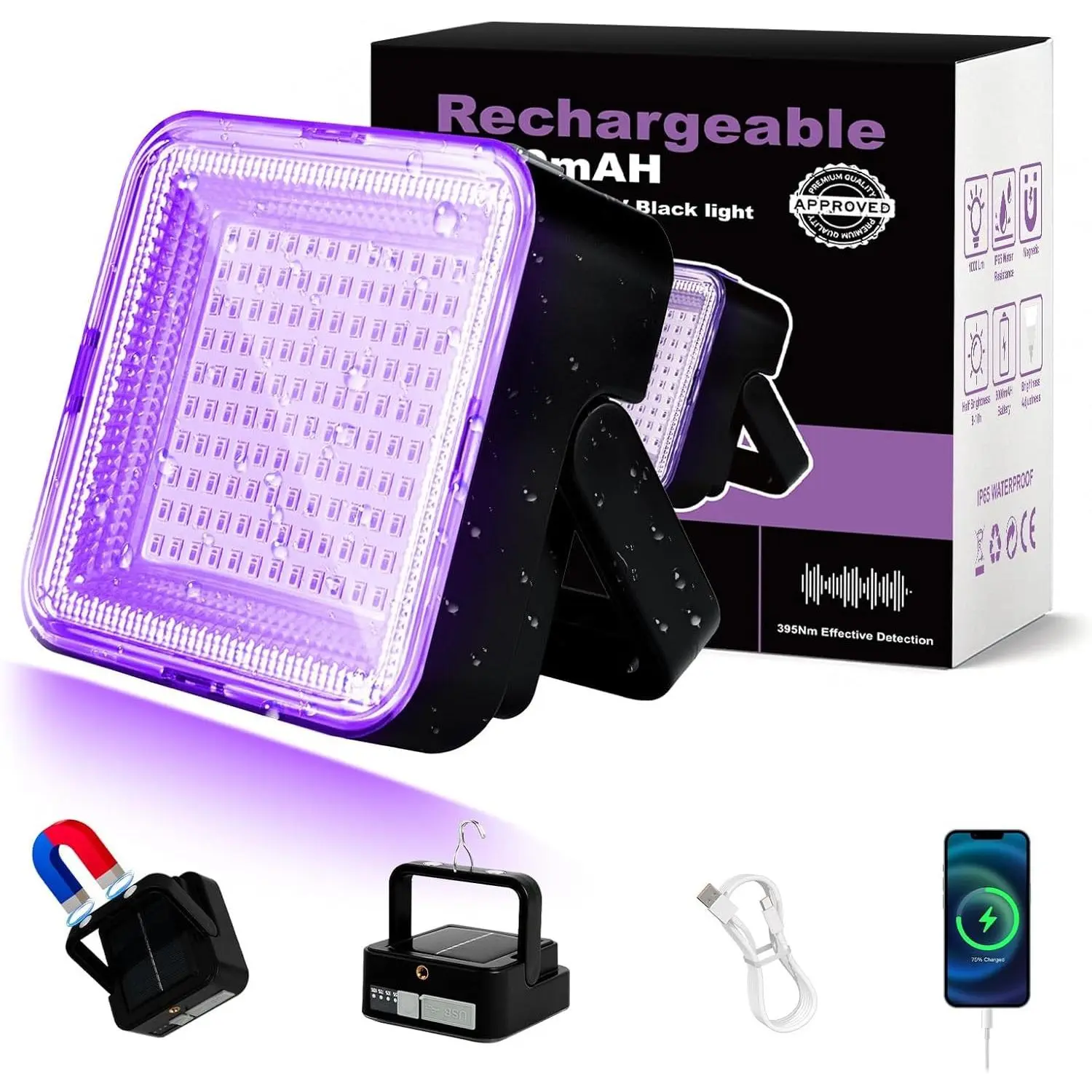 Rechargeable 5000mAh LED Black Light 120 UV LED IP65 Waterproof & Magnetic Long Runtime Ultraviolet Light for Neon Glow Party Halloween UV Posters Body Paint Fluorescent Art Outdoor Use
