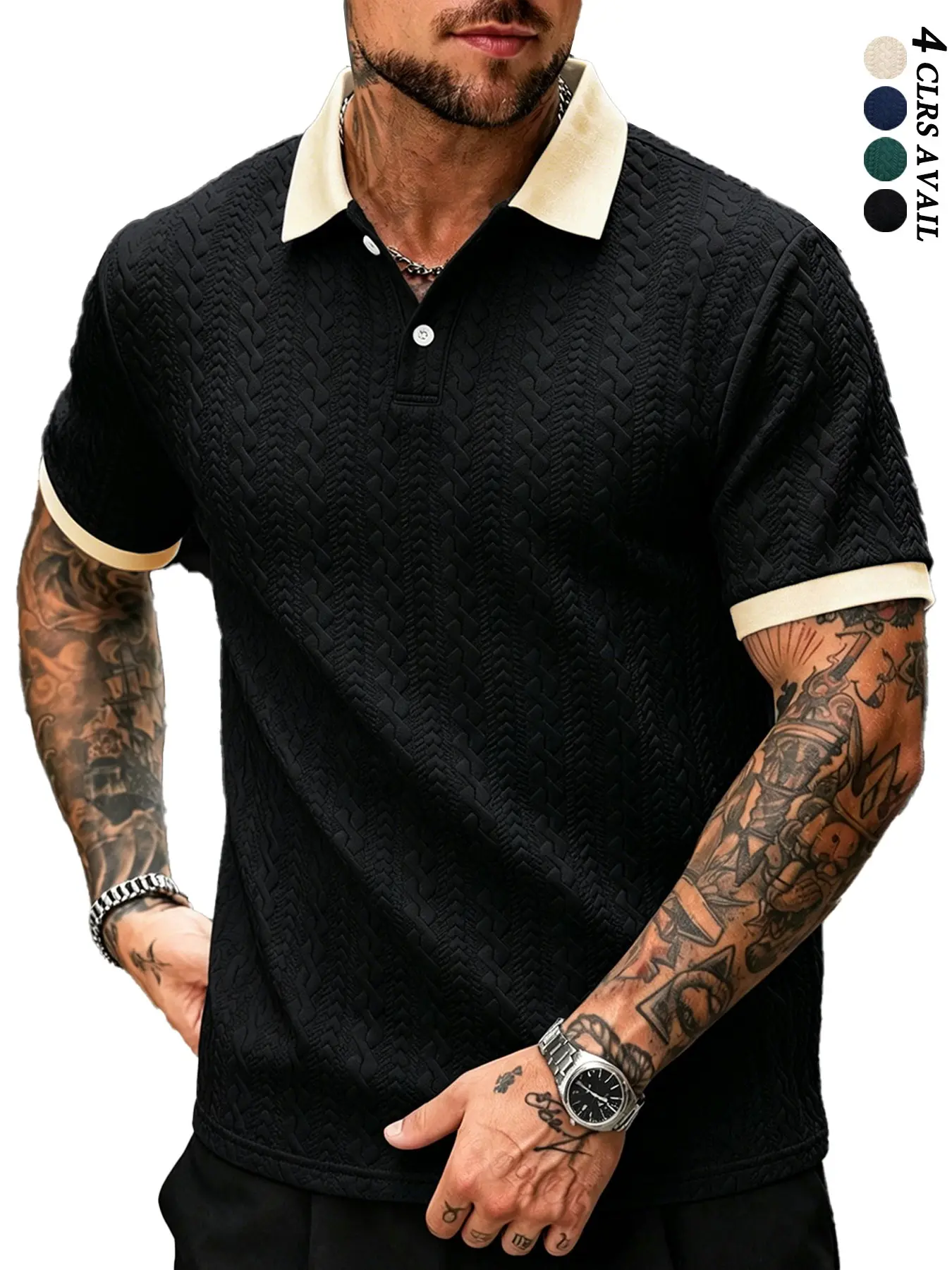 Men's Textured Knit Polo Shirt, Short Sleeve Colorblock Neck Casual Golf T-Shirt, Vintage Jacquard Pattern Daily Wear Top