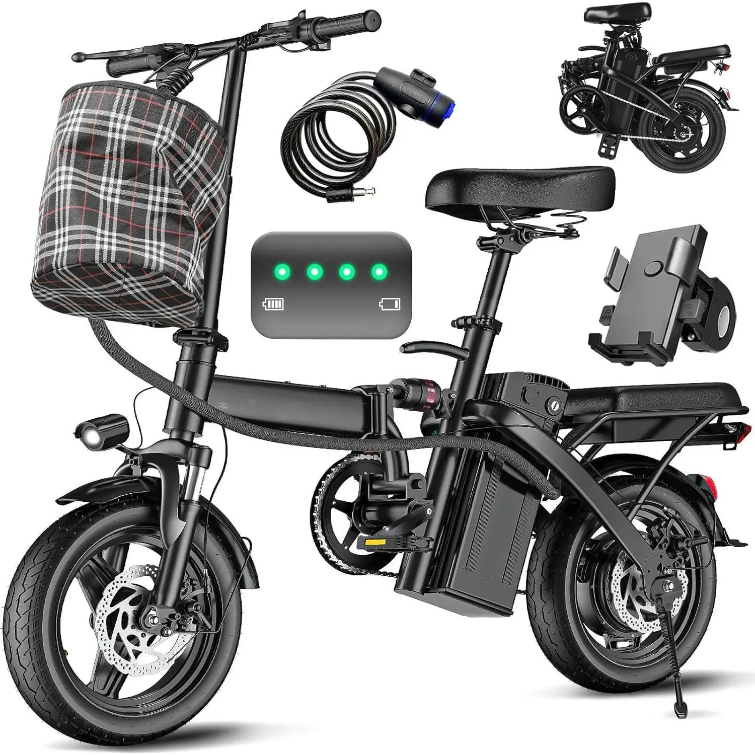 Electric Bike for Adults and Teens, 520W-1200W Motor, 20-28MPH, 32 Miles Range, 48V 10Ah Battery, 3-Level Pedal Assist, 14" Foldable Mini Electric Bicycle, UL 2849 Certified