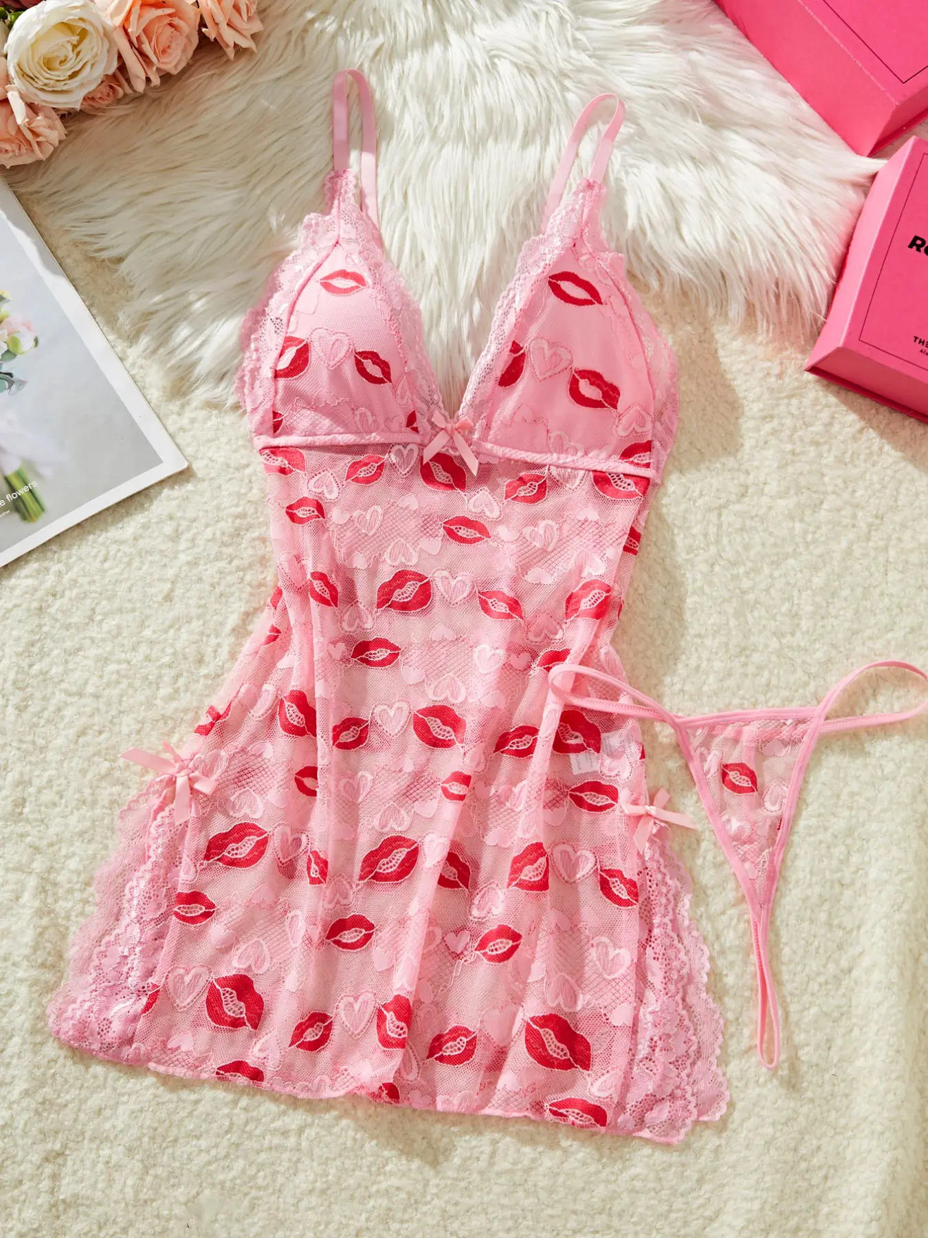 Women's Sexy Lingerie Set, Cute Lace Trim Split Nightgown with Thong, Lip Print and Heart Pattern, Loose-Fitting, All Seasons