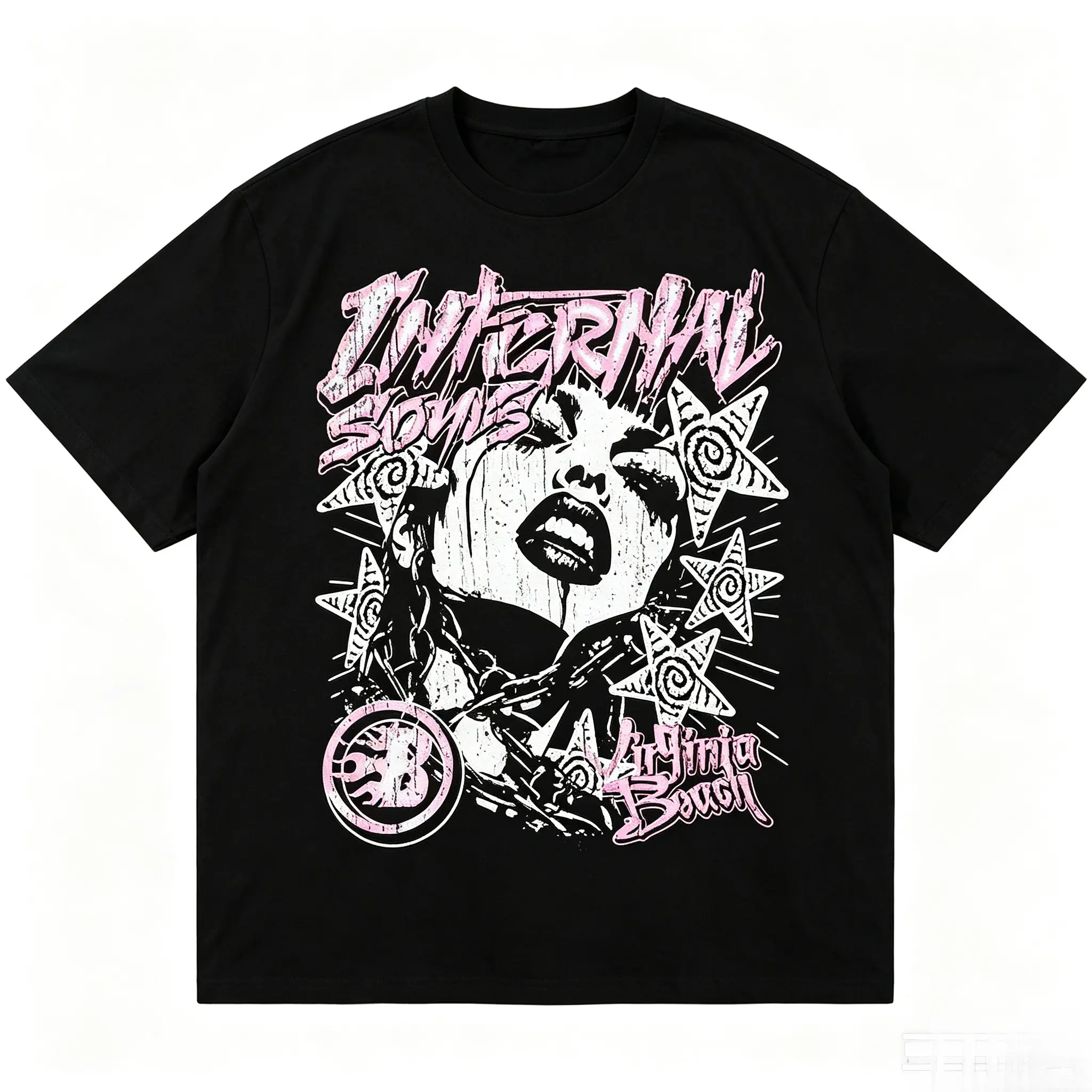 Loose-fit Punk Graphic Tee, All Seasons Grunge Top in 100% Cotton with Female Portrait & Graffiti Art, Machine Wash, Tshirt, Pure Cotton, Soft Print, Fabric