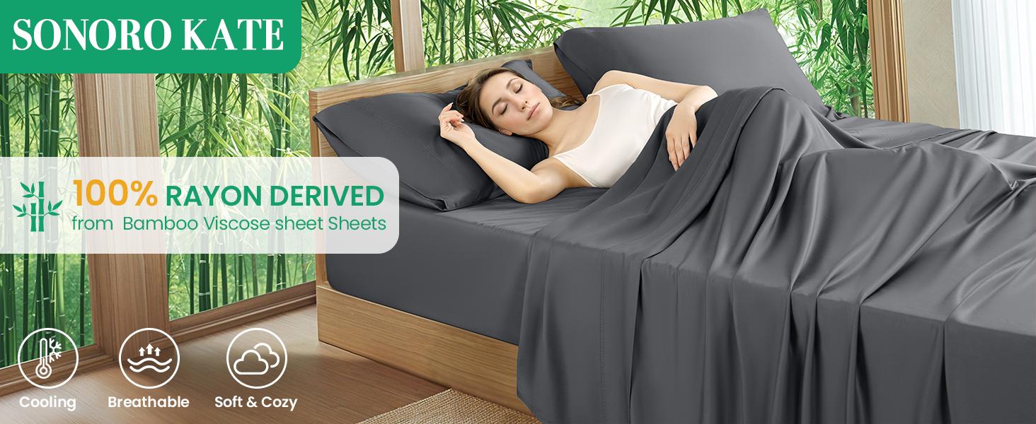 100% Viscose Derived from Bamboo_Sheets Queen Size, Breathable & Cooling Bed Sheets for Hot Sleepers, Hotel Luxury Bedding Sheets, 16" Deep - 4PC (Dark Grey,Queen)