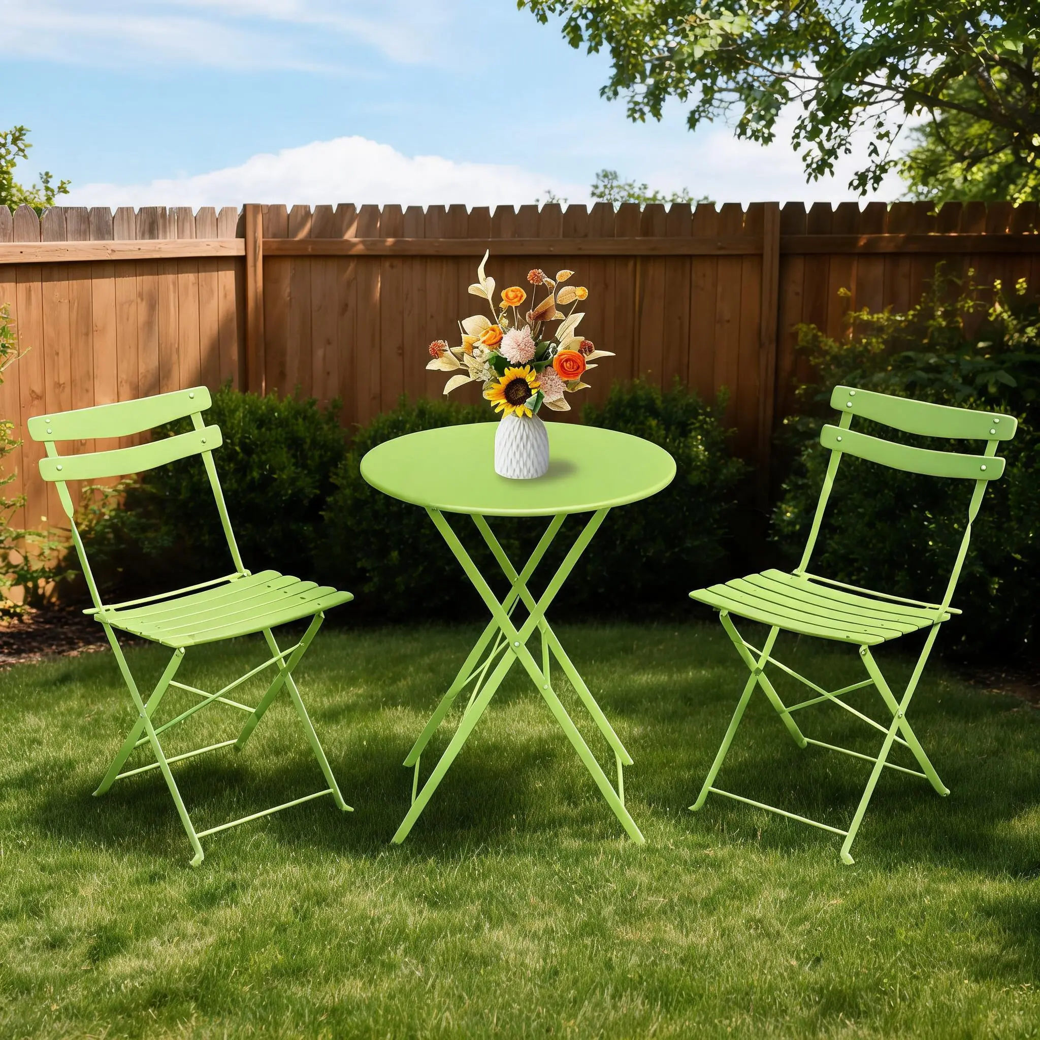 Sage 3-Piece Patio Furniture Set, Foldable Metal Frame Table + 2 Chairs Outdoor Furniture Set, All-Weather Rust-Resistant Seats 2 for Balcony, Porch, No Assembly