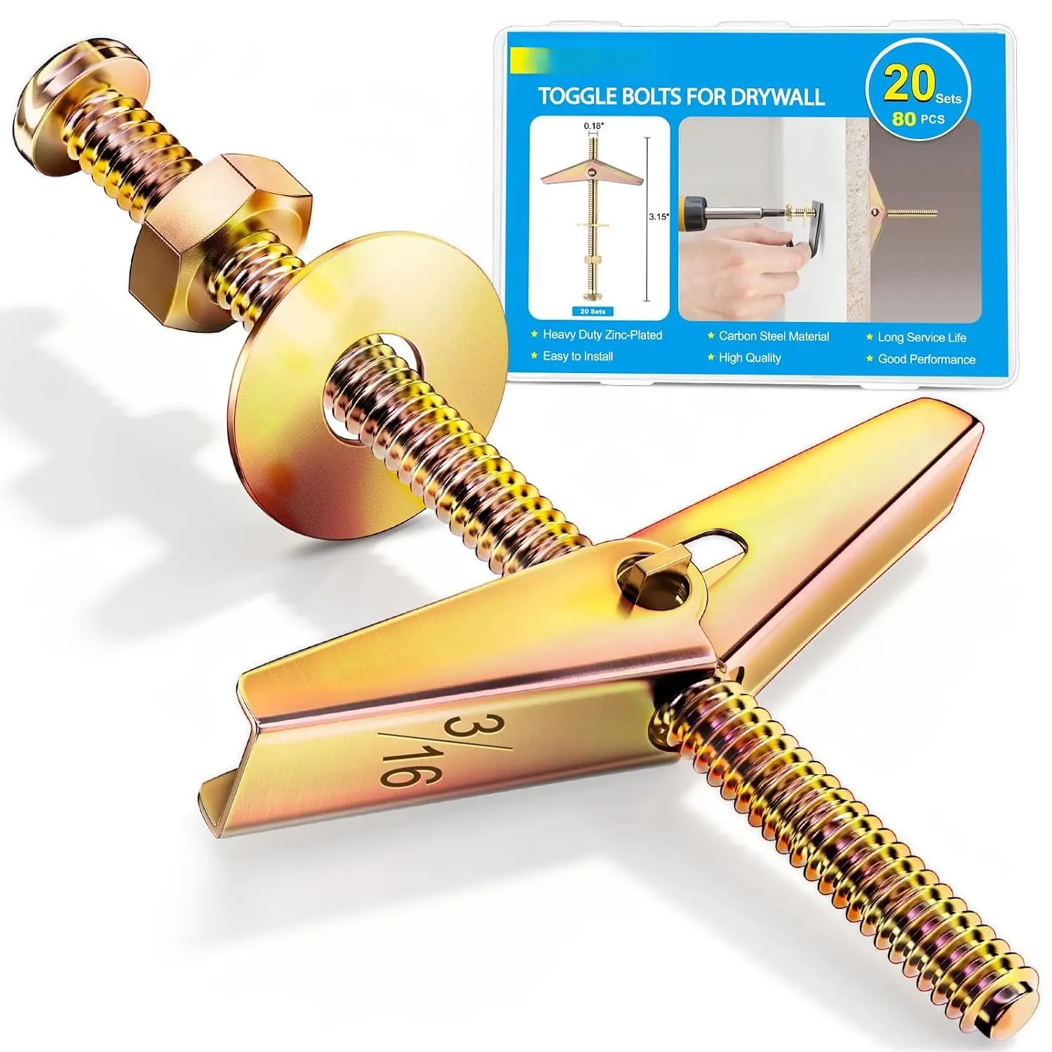 20 Sets 3/16 Inch Toggle  for Drywall, Zinc Plated Anchors | Butterfly  Open Behind Drywall to Spread the Load, Zinc-Plated Metal Helps Resist Rust for Shelves, Mirrors and Lights