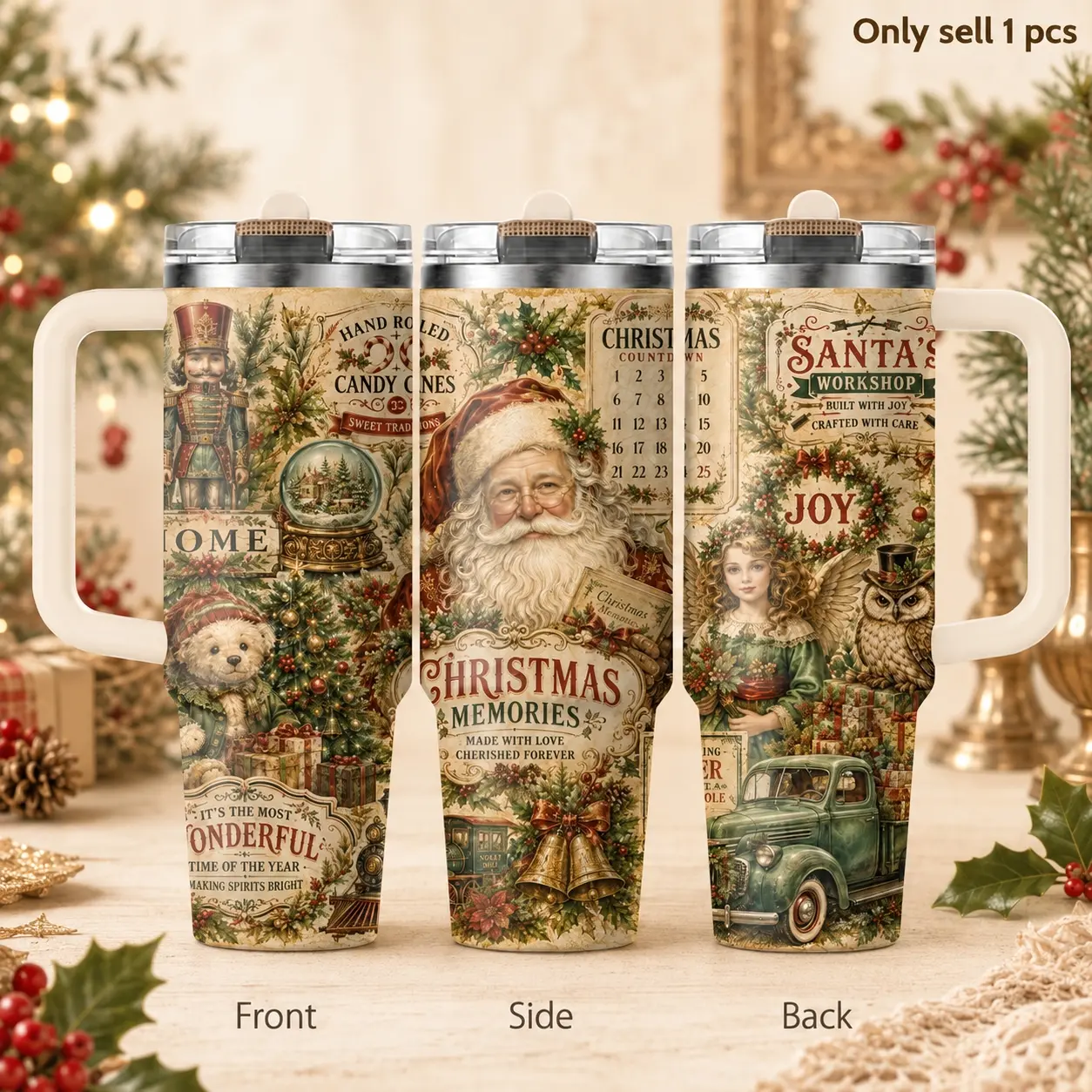 Merry Christmas 40oz Tumbler – Festive Stainless Steel Insulated Travel Mug with Handle & Straw Lid for Coffee, Water, Holiday Season, Office, Car Cup Holder, Perfect Christmas Gift