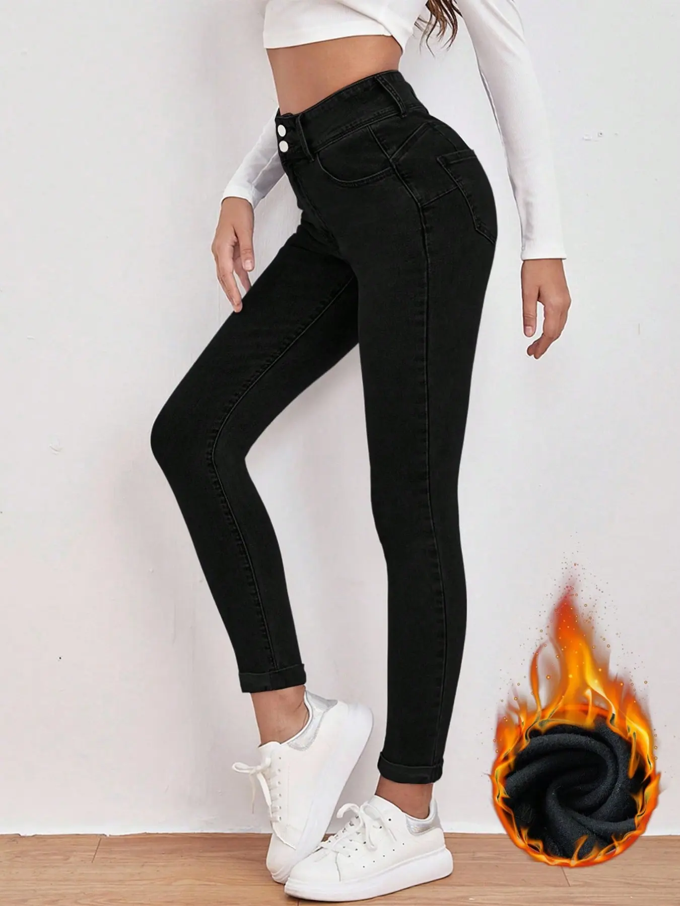 Women's Fleece Lined Tight Jeans Pants, High Waist Button Fly Denim Jeans, Casual Solid Color Long Jeans for Fall & Winter