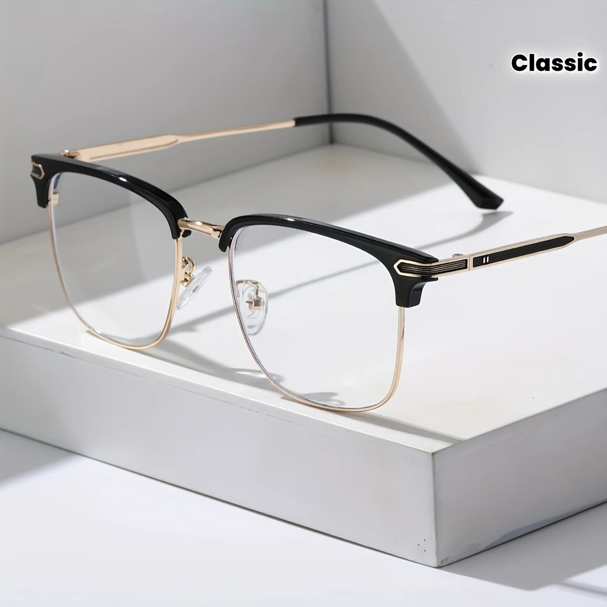 Classic and elegant square gold glasses with metal frames, suitable for daily wear and school styling for both men and women, an ideal gift option