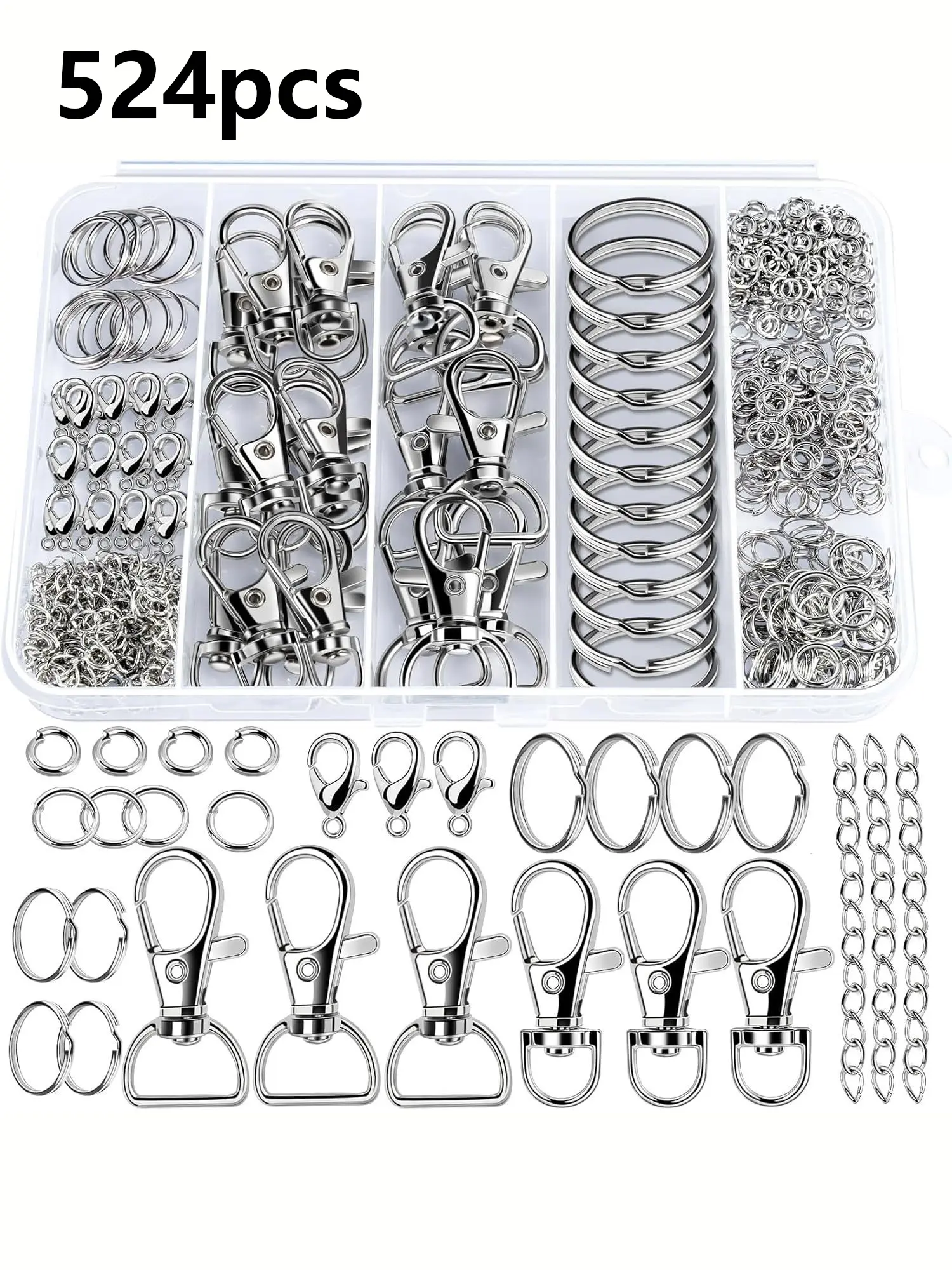 524 Piece Keychain Hardware Kit, Lobster Clasp, Split Key Ring, Jump Rings, Cable Chain, DIY Jewelry Making Supplies