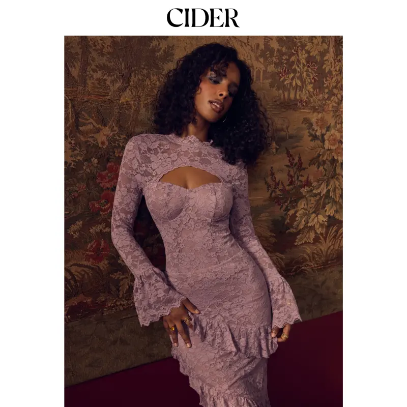 Cider Lace Stand Collar Bell Sleeve Cut Out Bodysuit