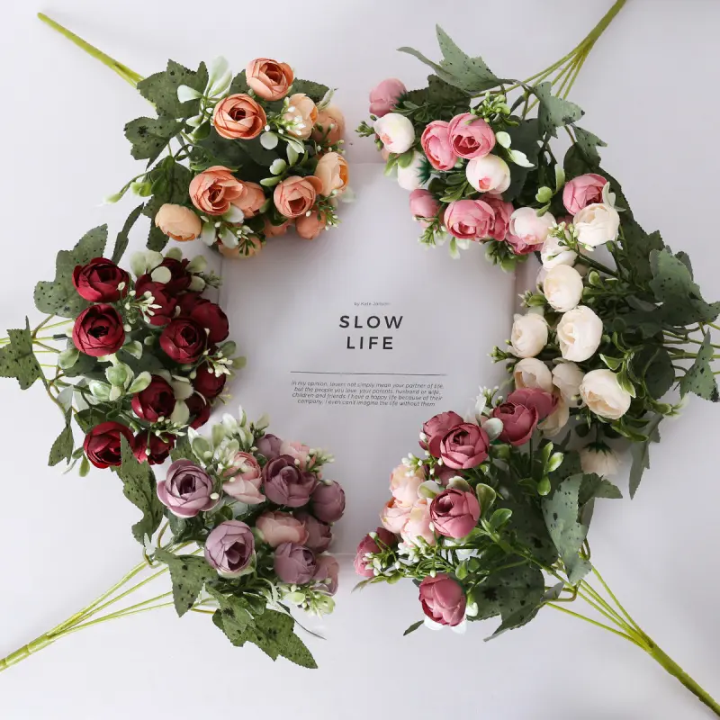 5 Pack 15 Heads Silk Camellia Peony Rose Bud Bouquet Realistic Fake Flower Stems 31cm for Home Bedroom Wedding Office Decor