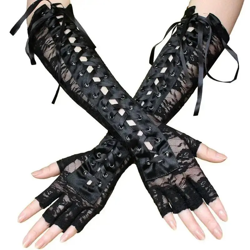 Women's Lace Floral Print Fingerless Fishnet Mesh Elbow-Length Gloves with Black String Ribbon Ties for Party, Fingerless Gloves