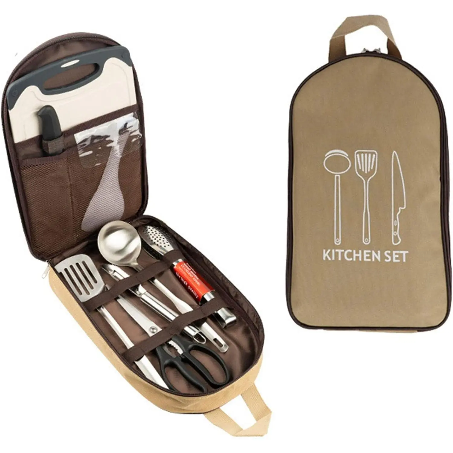 Chef Knife Bag ，Camping Utensil Bag Portable Silverware Bag Travel Cookware Storage ，Knife Backpack and Waterproof Chef Bag，Tote Picnic BBQ Tableware Fork Spoon Chopsticks Organizer (Khaki)