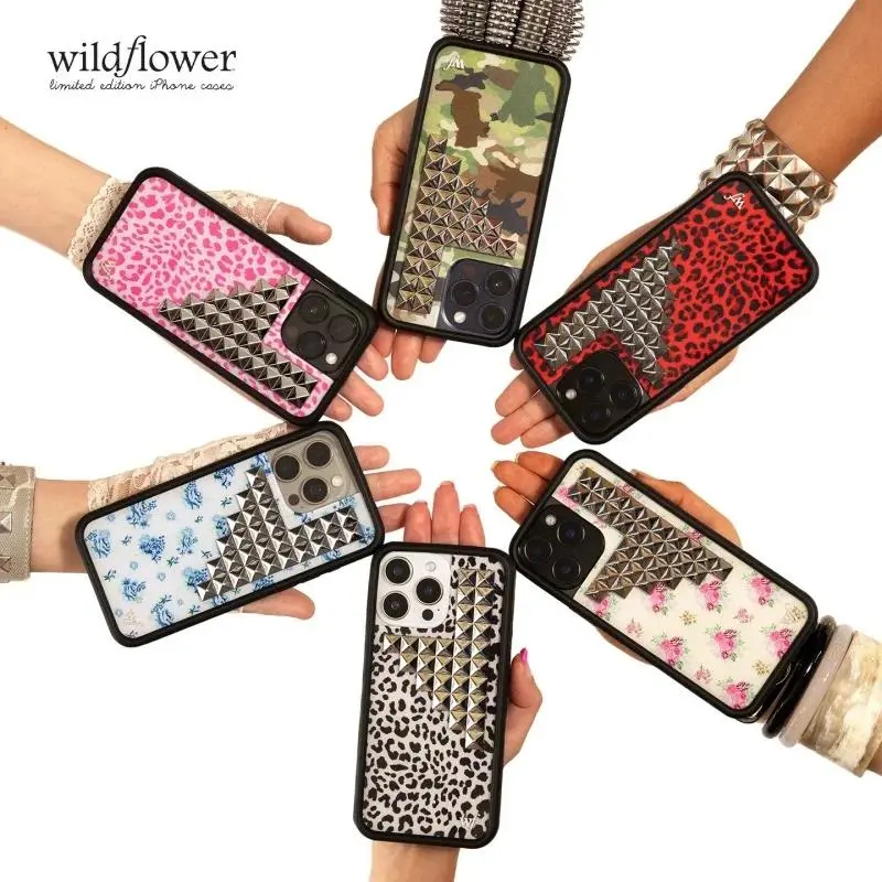 Fashion design 3D silver solid rivet leopard Wildflower Phone Case For iPhone 15 13 12 14 17 16 Pro Max Plus wf Back Cover﻿﻿﻿﻿
