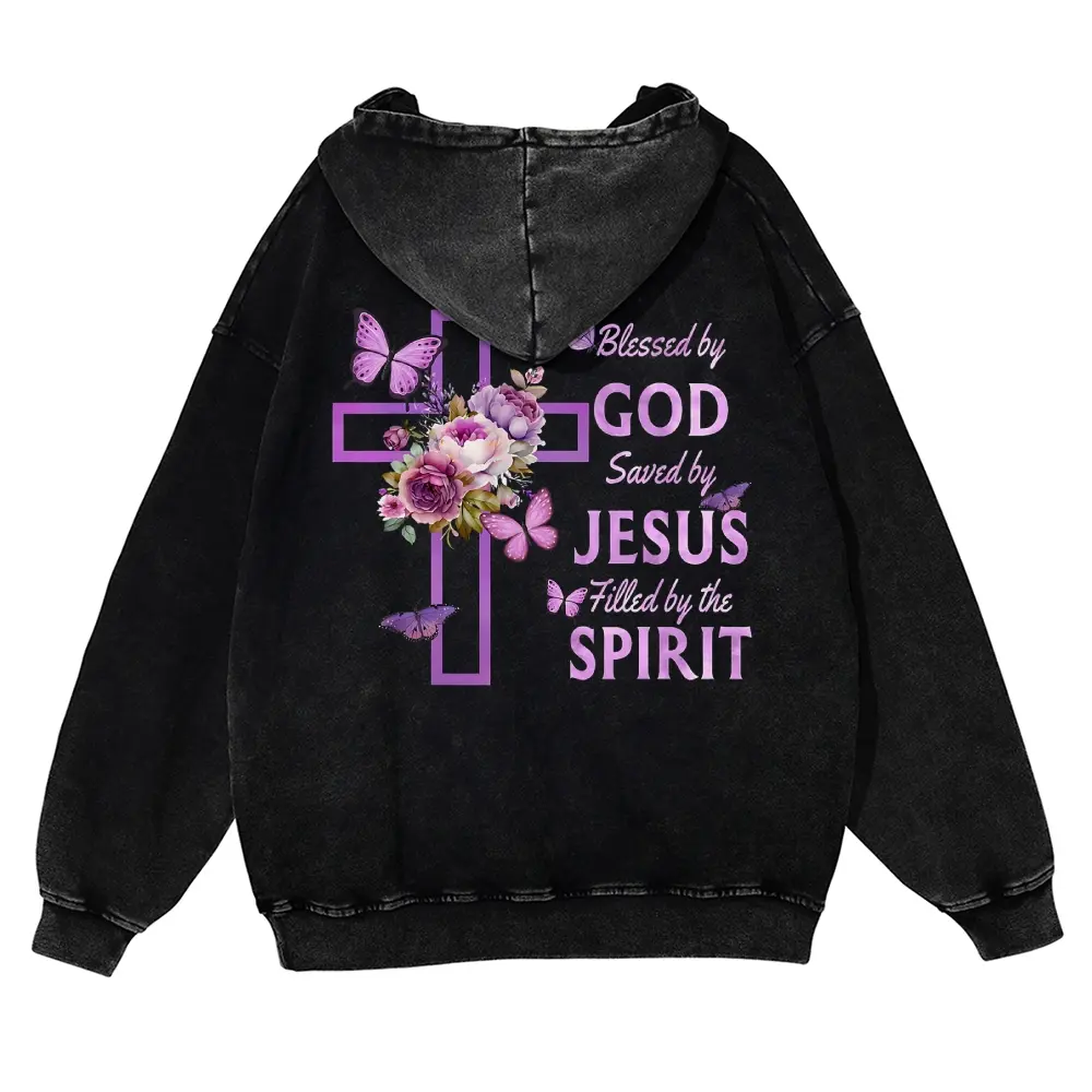 Men's Vintage Washed Christian Graphic Hoodie - Thick Heavyweight Cotton Tops, Unisex Longsleeves Casual Streetwear, Oversized Fit for Spring, Pair with Jeans