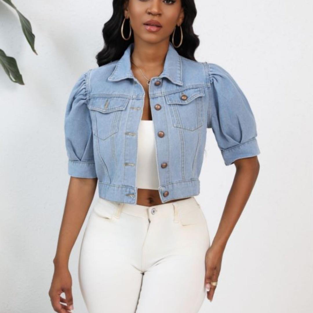 Puff Sleeve Cropped Denim Jacket | Short Sleeve Button-Up Jean Jacket | Casual Summer Denim Outerwear for Women 2026