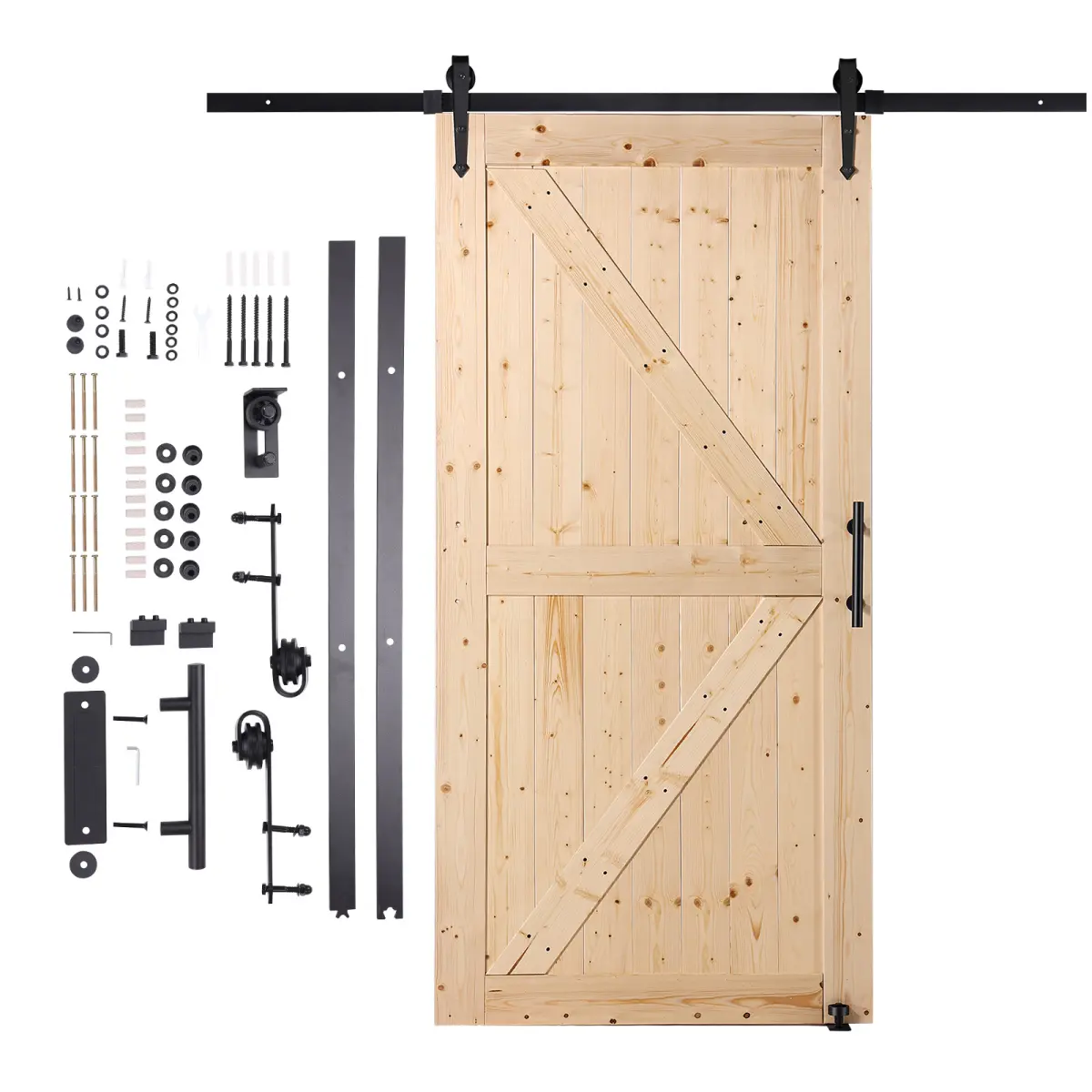 Barn Door and Hardware Kit, 42" x 84" Wood Sliding Barn Door, Smoothly and Quietly, Barn Door Kit with 8-in-1 Floor Guide and Door Handle, Spruce Wood Panelled Slab, Easy to Install