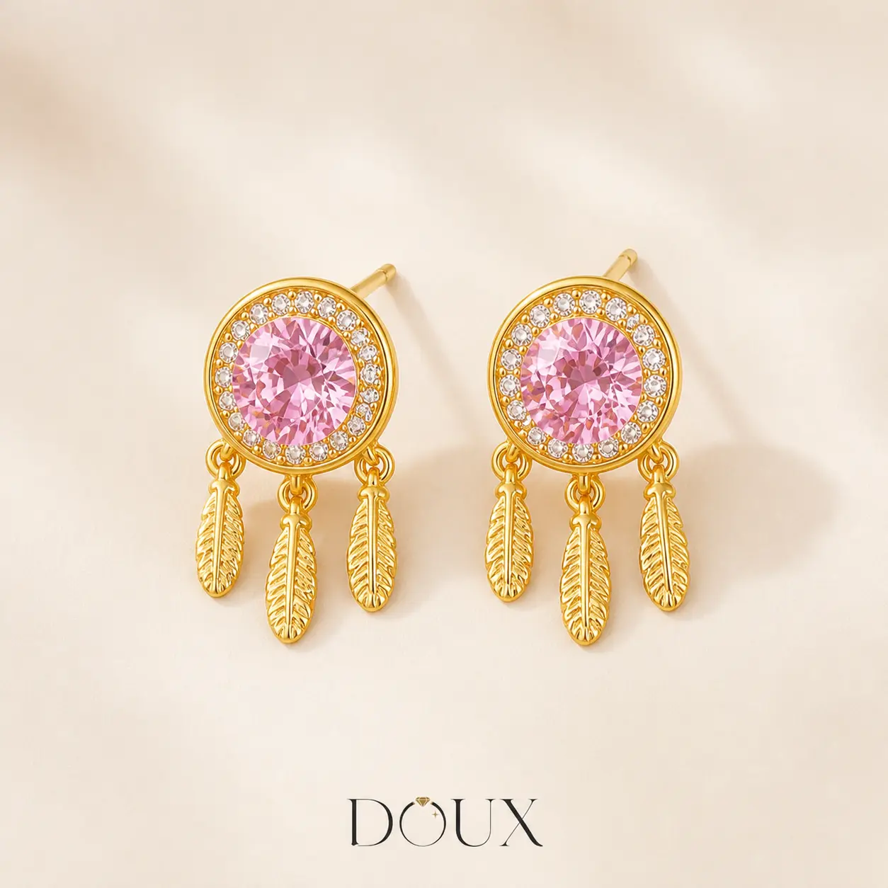 DOUX Pink Crystal Feather Drop Stud Earrings for Women – Gold-Tone Halo Dreamcatcher Style