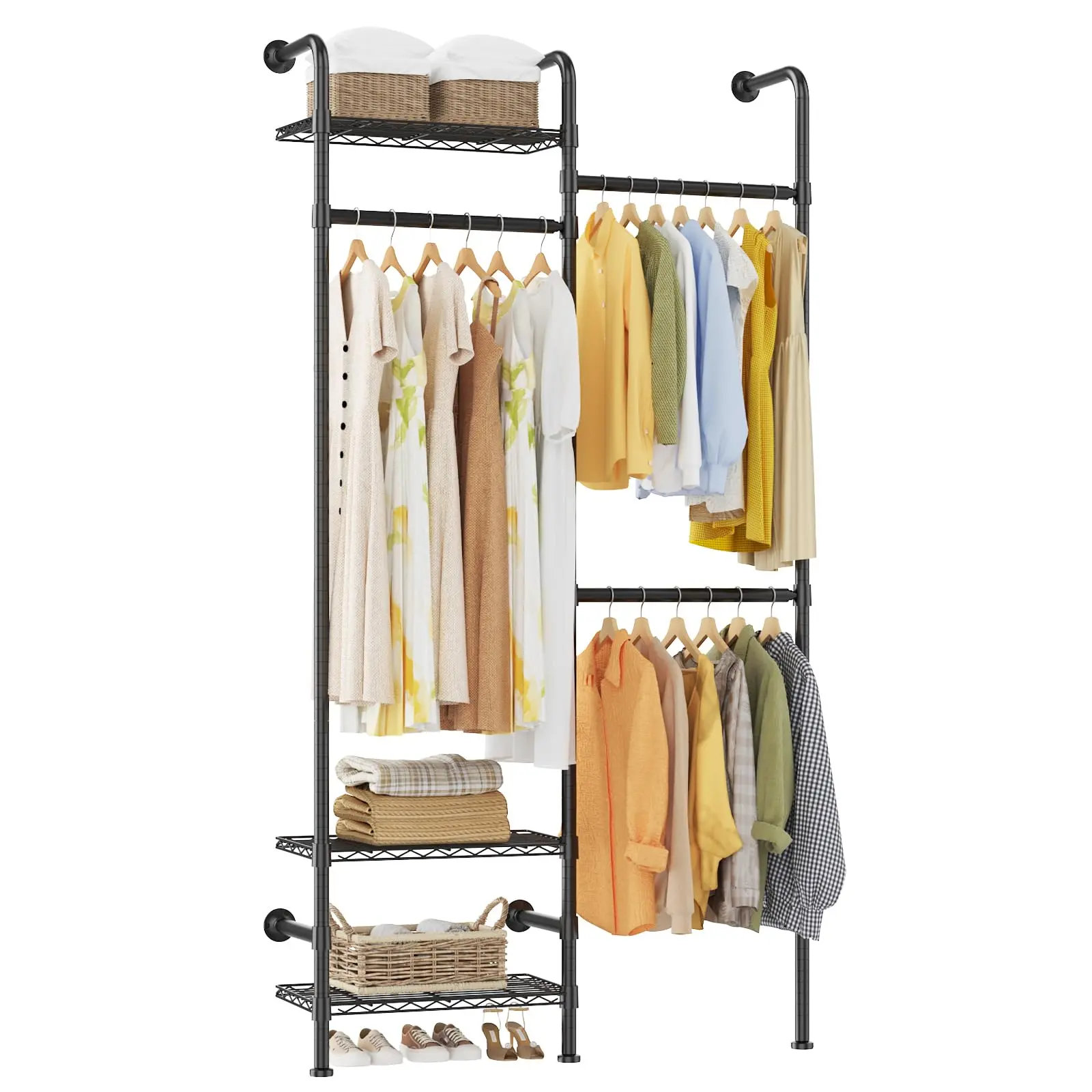 Garvee Industrial Wall-Mounted Pipe Closet System, Carbon Steel Clothes Rack - Expandable Hanging Rod 23.62-35.43 in - 3 Wire Shelves - Matte Black