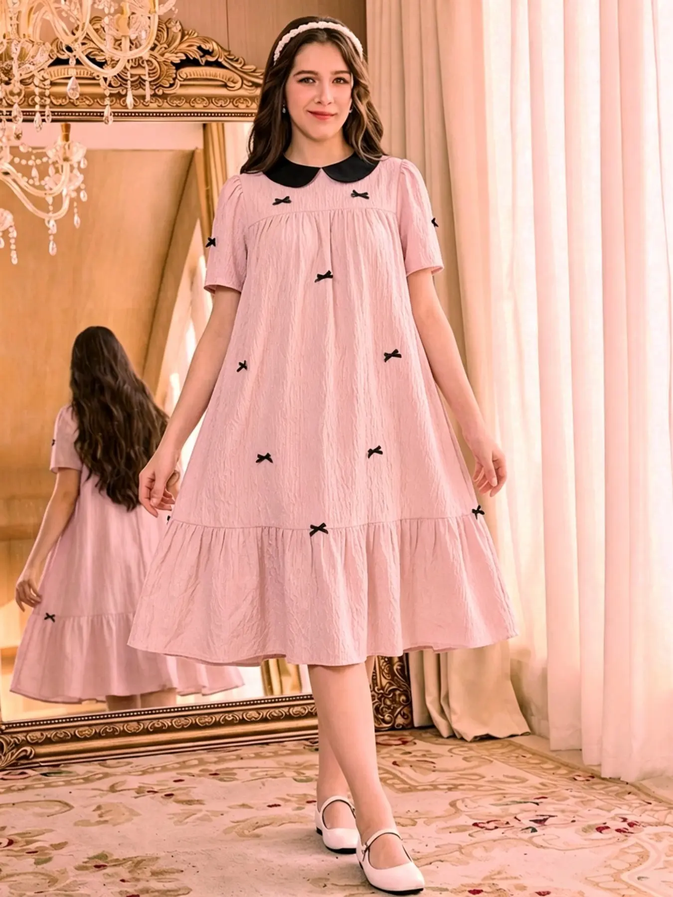 13-16 Years Old Girl Trendy Dress, Teen Girl Dresses, Babydoll Neckline Bow Midi Dress, Sweet Style Light Princess Dress, Dresses for Summer, Perfect for Outing and Parties