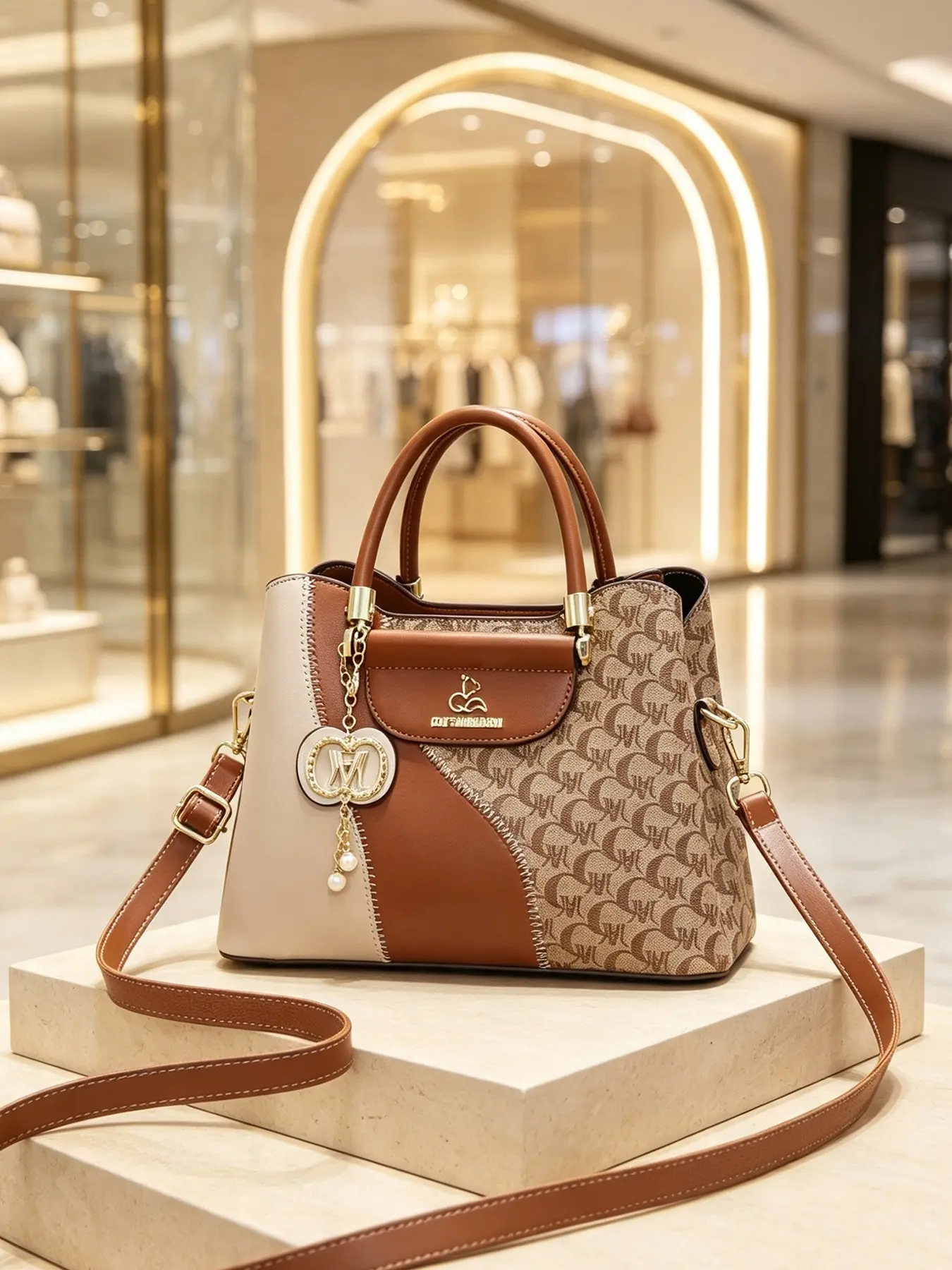 Luxury Colorblock Handbag for Women, Vintage Print Floral Large Capacity Commuter Bag, Fashion Versatile Shoulder Crossbody Bag