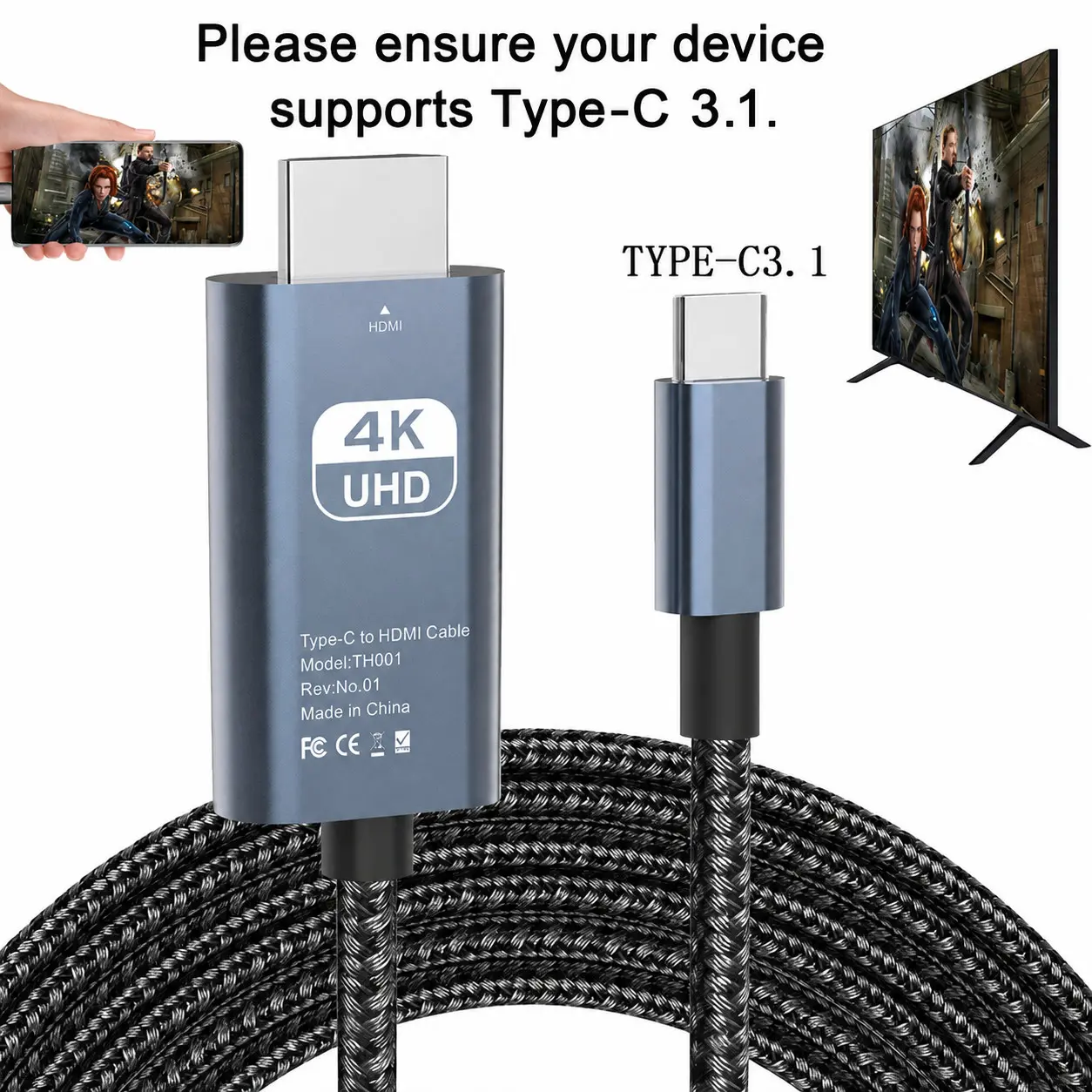 USB 3.1 Type-C to HDTV Adapter Cable, USB-C to HDMI, 4K HD Display, 2m/6.6ft, USB-Powered, No Battery, Direct Phone to TV/Screen/Projector Connection, No WiFi or Software Needed