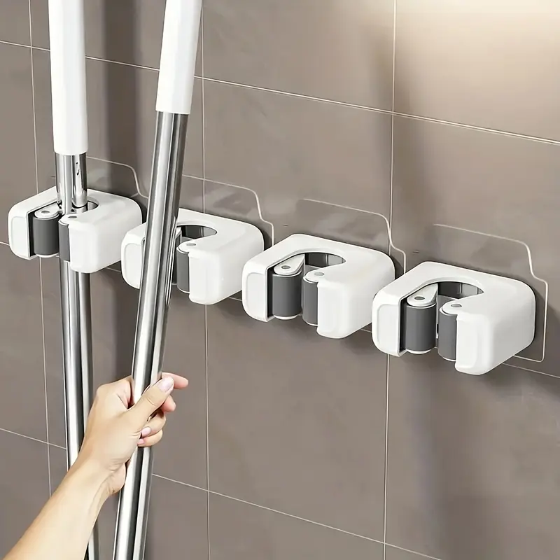 4Pcs No Punch Wall Mount Mop Broom Holder, Self-adhesive Heavy-duty Plastic Mop Clip, Drill-free Storage Rack with Hooks, Space-saving Organizer for Bathroom Kitchen Home, Bathroom Organizing Accessories, No Screw Installation Required