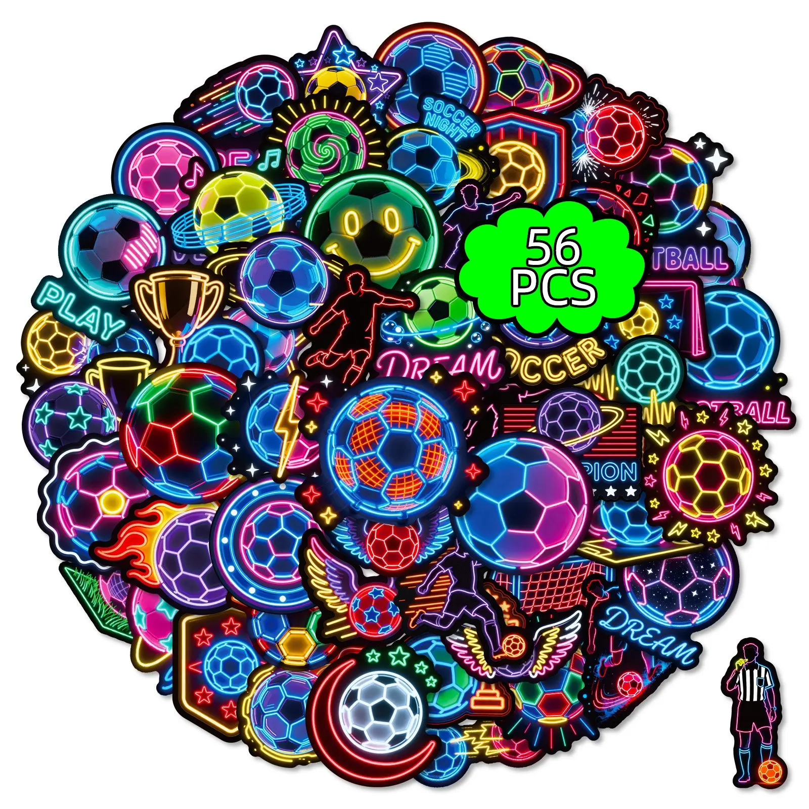 56PCS Soccer Stickers, Cool Neon Football Vinyl Waterproof Stickers for Scrapbook Water Bottles, Luggage, Teaching Incentives, Soccer Team Gifts for Kids, Teens and Adults