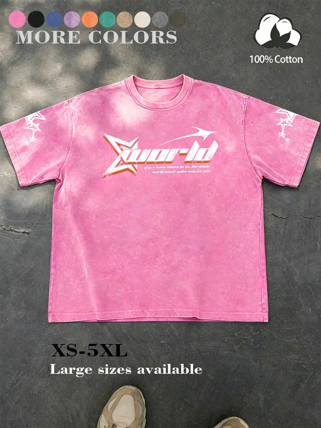 Unisex Street Style Short-Sleeved T-Shirt, Summer American Retro Street Style, Loose Fit, High-Quality Cotton, With 'Xworld' Logo and Star Pattern, Suitable for Campus, Hip-Hop, Fashion Trends and Daily Wear