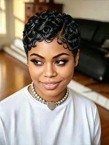 Curly Wave Human Hair Wig for Women Pixie Cut Full Machine Made Wig 150% Density 6 Inch Wig Ideal for Daily Use and Special Occasions like Christmas and New Year Party