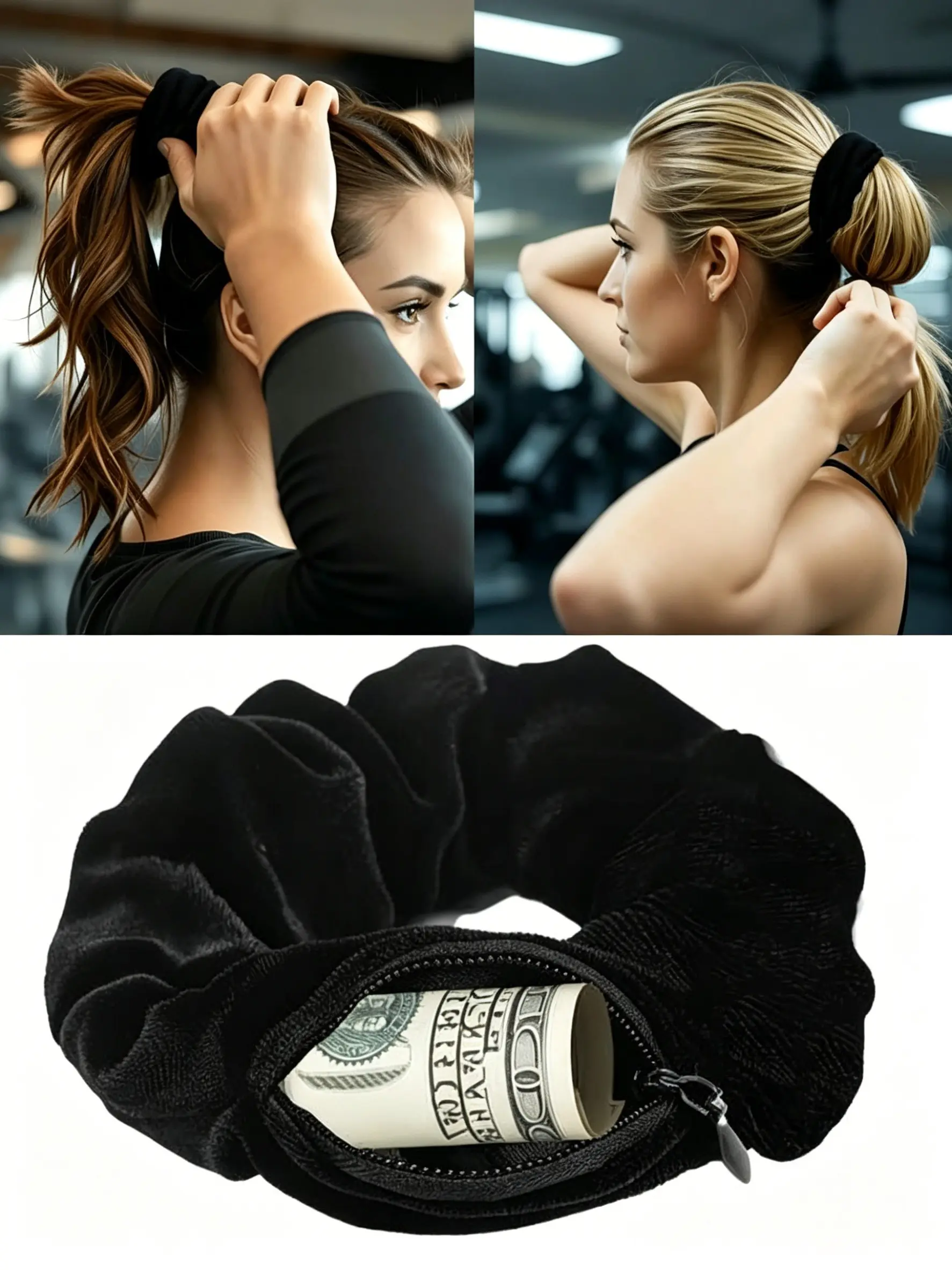 Zipper Velvet Hair Scrunchie Headband, Hidden Storage Compartment, Holds Keys Cash Lipstick, Fashion Hair Band, Stylish Accessory