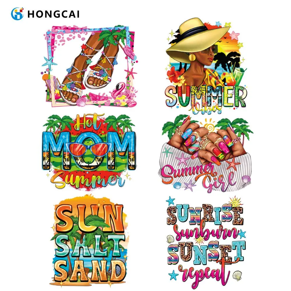 6Pcs summer beach iron-on patches. Easy to apply and washable. Featuring vivid tropical patterns with great color fastness, ideal for decorating T-shirts and bags to add summer vibes.