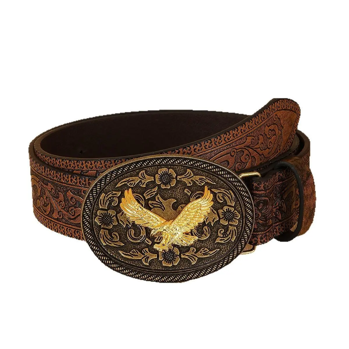 Classic Western Cowboy Strap for Men in Heavy Duty PU Leather with Tooled Floral Pattern and Large Golden Eagle Buckle, Western Accessories, Belt With Buckle, Cowboy Cowgirl Belt