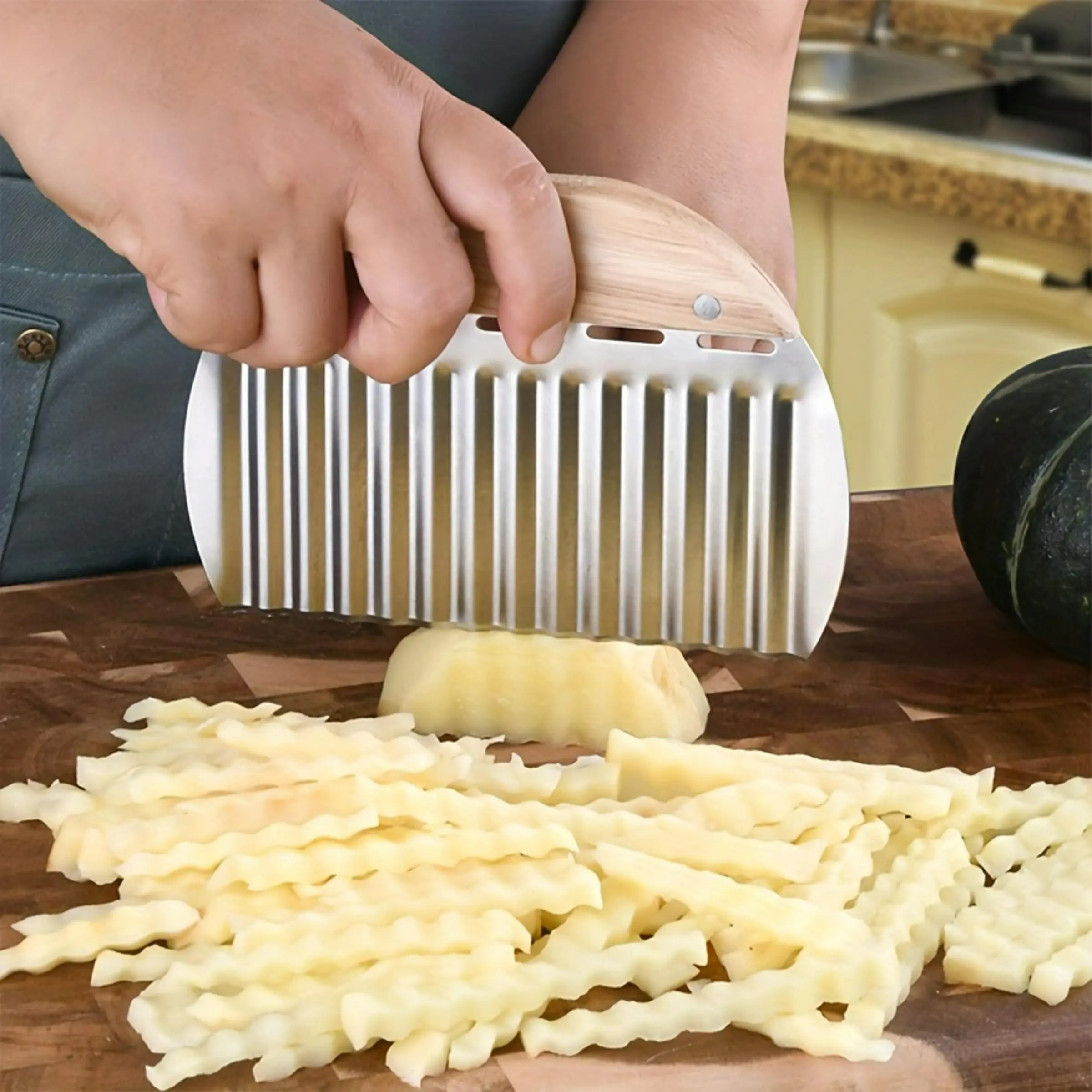 Stainless Steel Vegetable Wave Cutter, Potato Carrot Slicer, French Fry Cutter, Spiralizer for French Fries, Efficient Food Prep Tool, Durable Kitchen Utensil