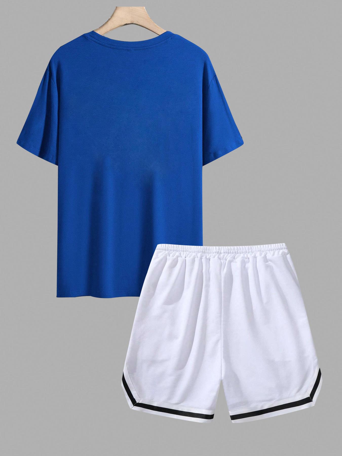 Two Counts Men's Graphic Drawstring Waist Design Two-piece Set, Casual Streetwear Regular Fit Short Sleeve Round Neck T-shirt & Pocket Shorts, Summer Outfits, Men's Clothes for Daily Wear, Clothing