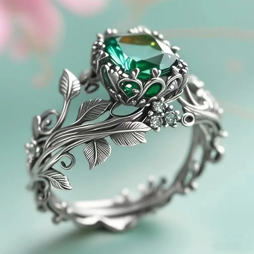 Vintage Green Crystal Totem Ring, Gothic Tribal Statement Jewelry with Ornate Filigree Design, Unique Adjustable Ring for Men and Women, Fantasy Boho Style Accessory for Daily Wear, Parties and Special Gifts tiktokshopbacktoschool