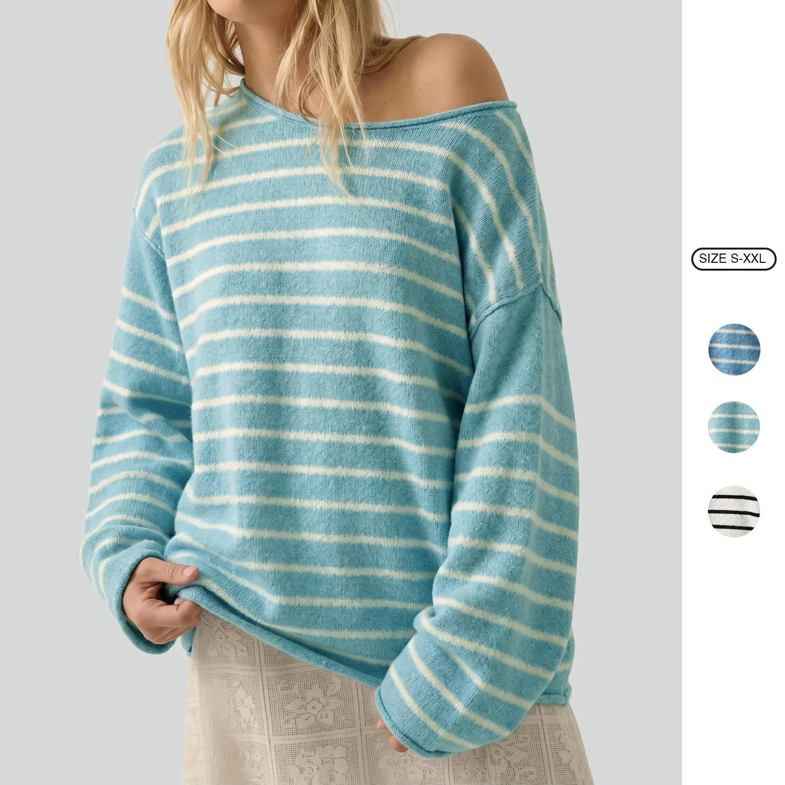 Imily Bela Cozy Blue Striped Oversized Sweater | Soft Off-Shoulder Knit Top for Effortless Everyday Style Imily Bela Cozy Blue Striped Oversized Sweater | Soft Off-Shoulder Knit Top for Effortless Everyday Style